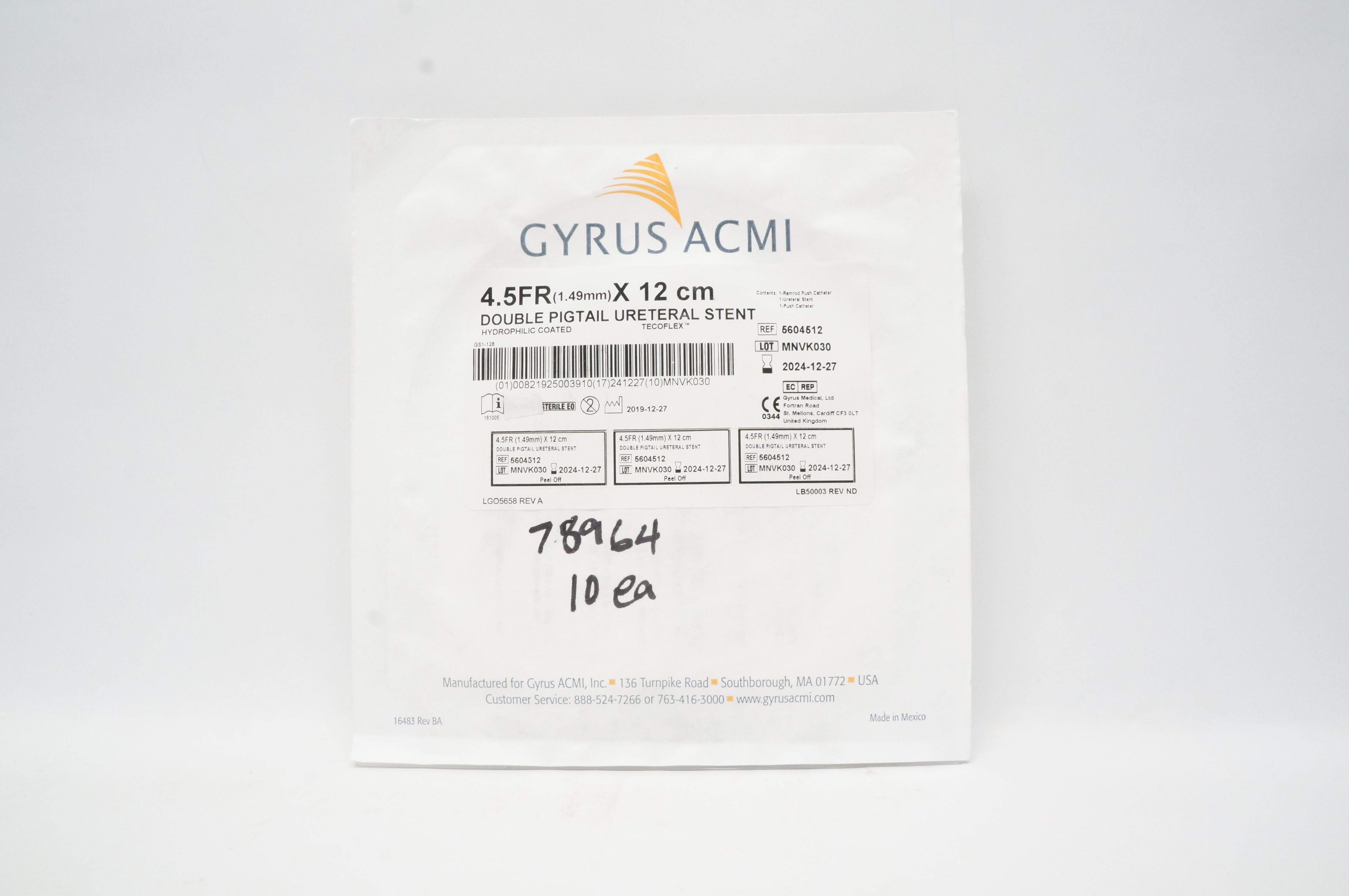 Gyrus ACMI 5604512 Double Pigtail Ureteral Stnt.  4.5Fr x 12cm
