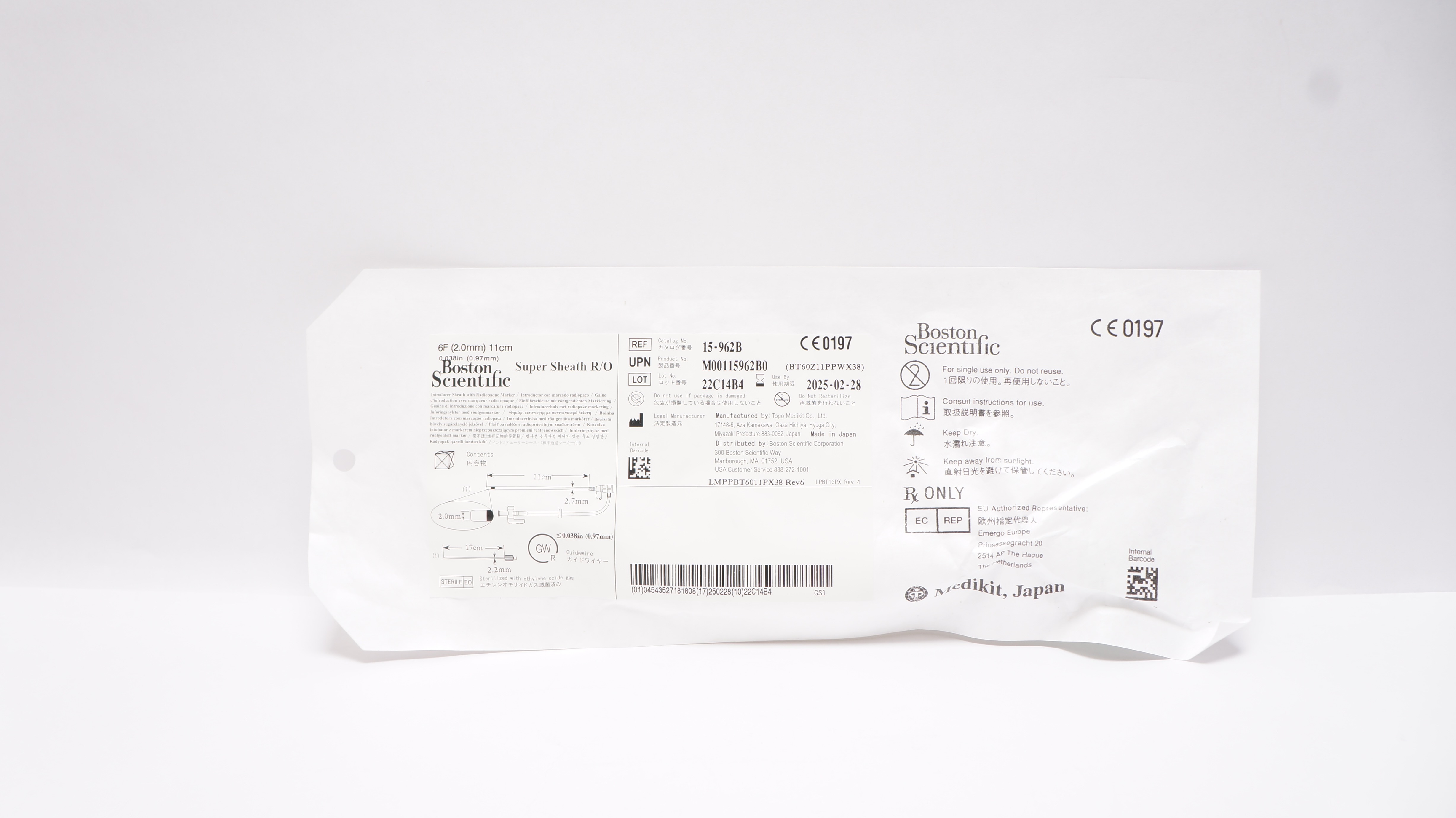 Boston Scientific 15-962B Super Sheath W/Radiopaque Marker 6F x 11cm x 0.038inch
