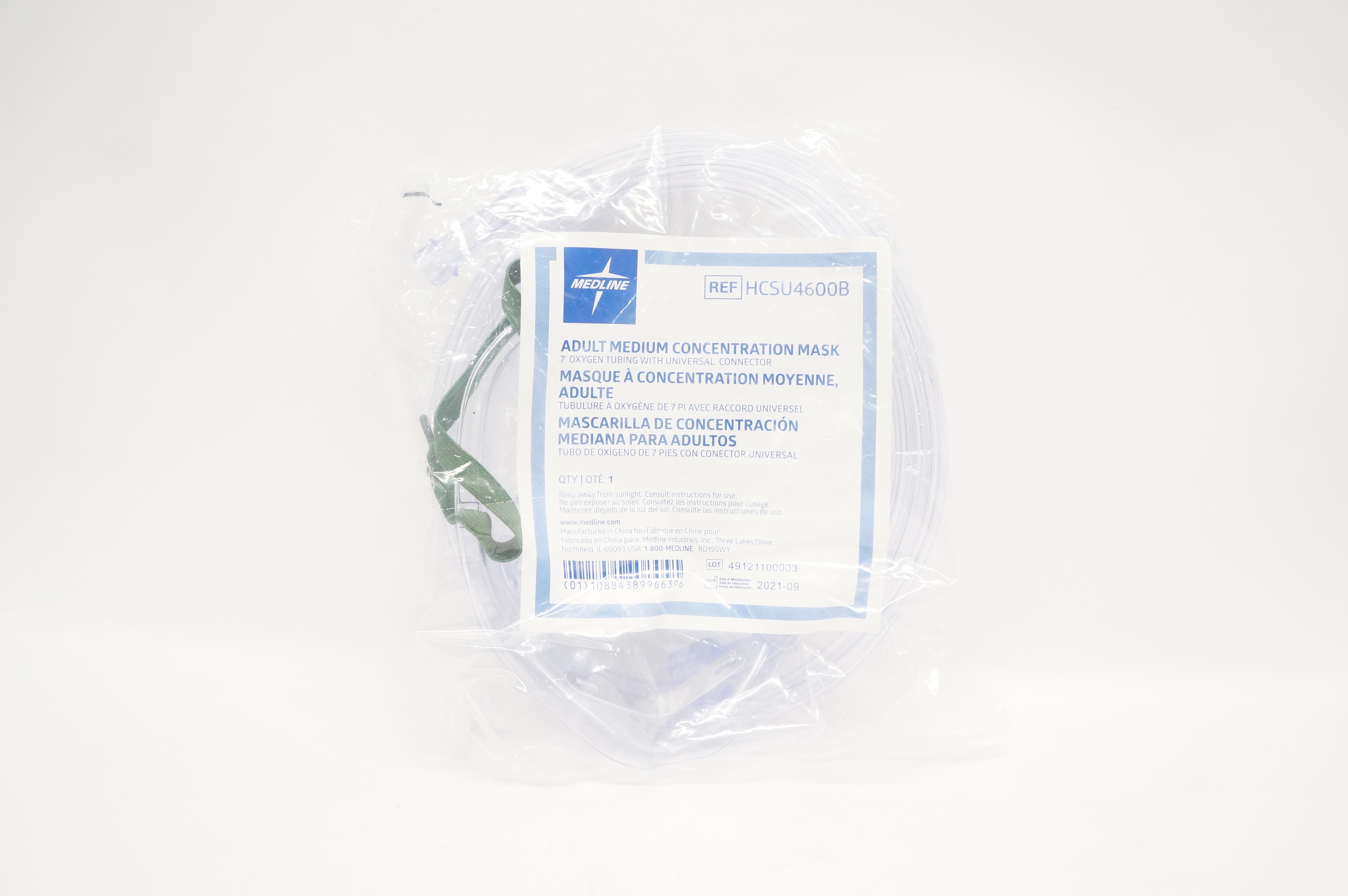 Medline HCSU4600B Adult Medium Concentration Oxygen Mask W/ Oxygen Tubing 7Ft.