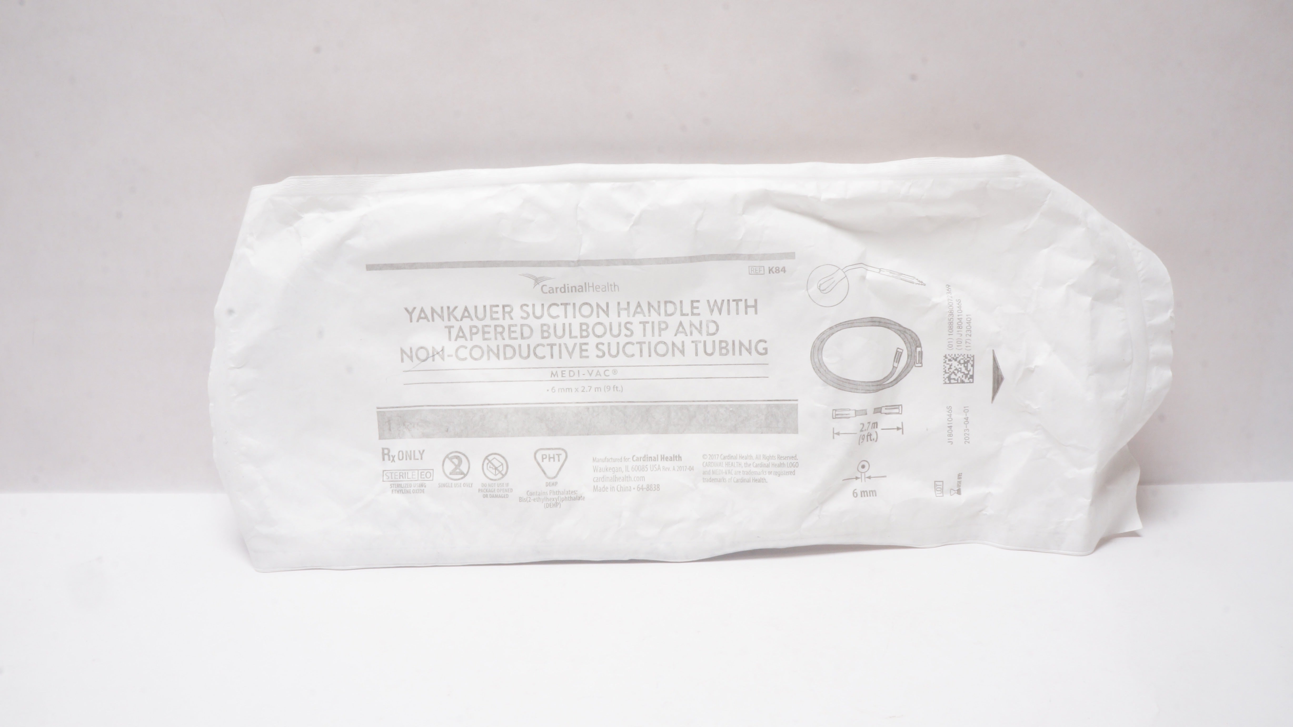 Cardinal Health K84 Yankauer Suction Handle w/Tapered Bulbous Tip 6mm x 9ft. (x)
