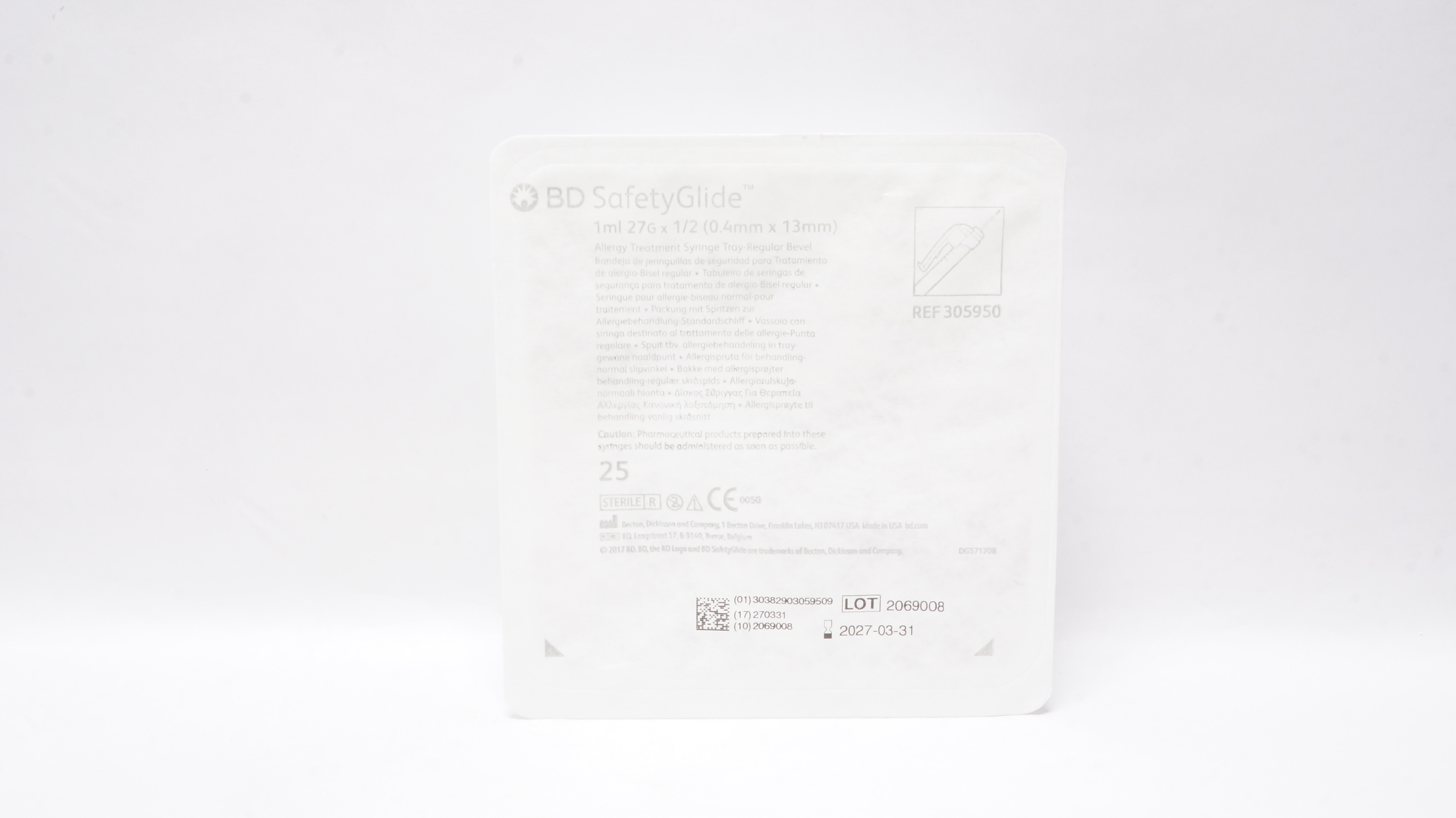 BD 305950 SafetyGlide Allergist Tray w/1ml 27G x 1/2in. Regular Bevel-Pack of 25