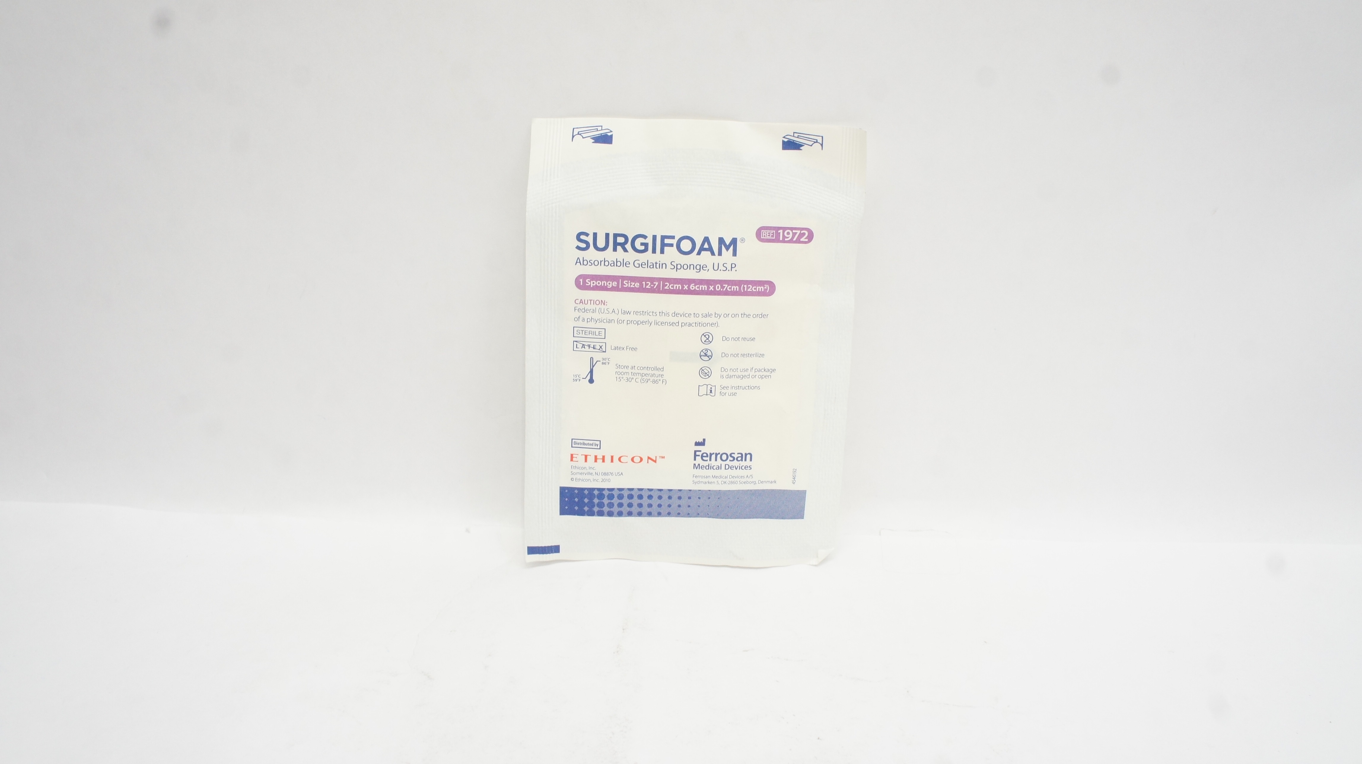 Ethicon 1972 SURGIFOAM Absorbable Gelatin Sponge USP Size 12-7, 2 x 6 x 0.7cm(x)