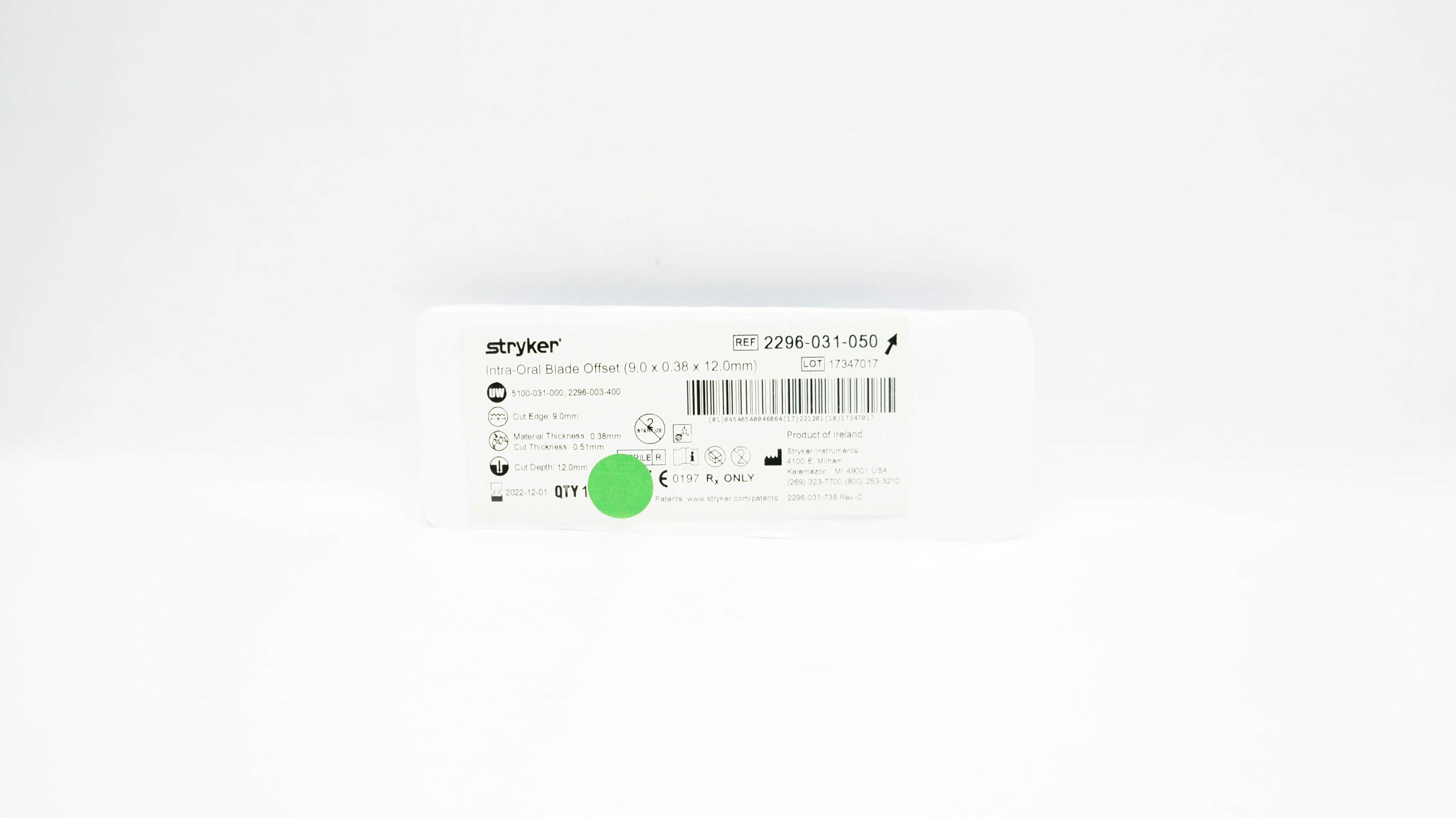Stryker 2296-031-050 Intra-Oral Blade Offset 9.0 x 0.38 x 12.0mm (x)