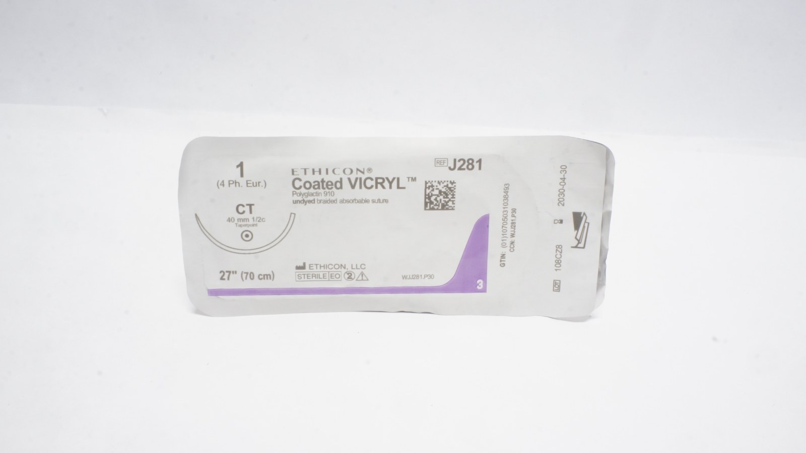 ETHICON J281 Coated VICRYL Suture Size 1 27" Undyed