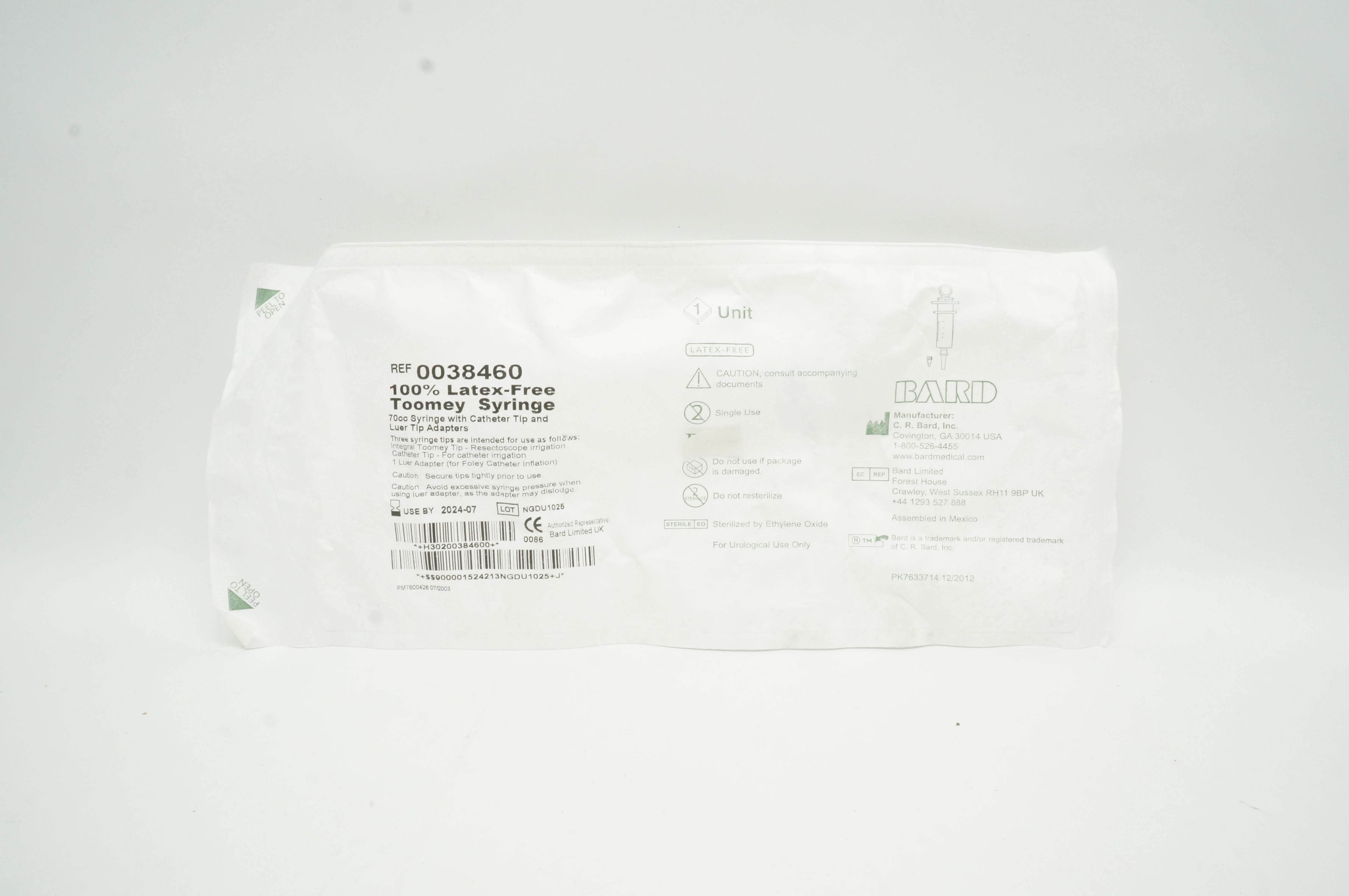 Bard 0038460 Toomey Syringe 70cc With Cath. Tip & Luer Tip Adapters
