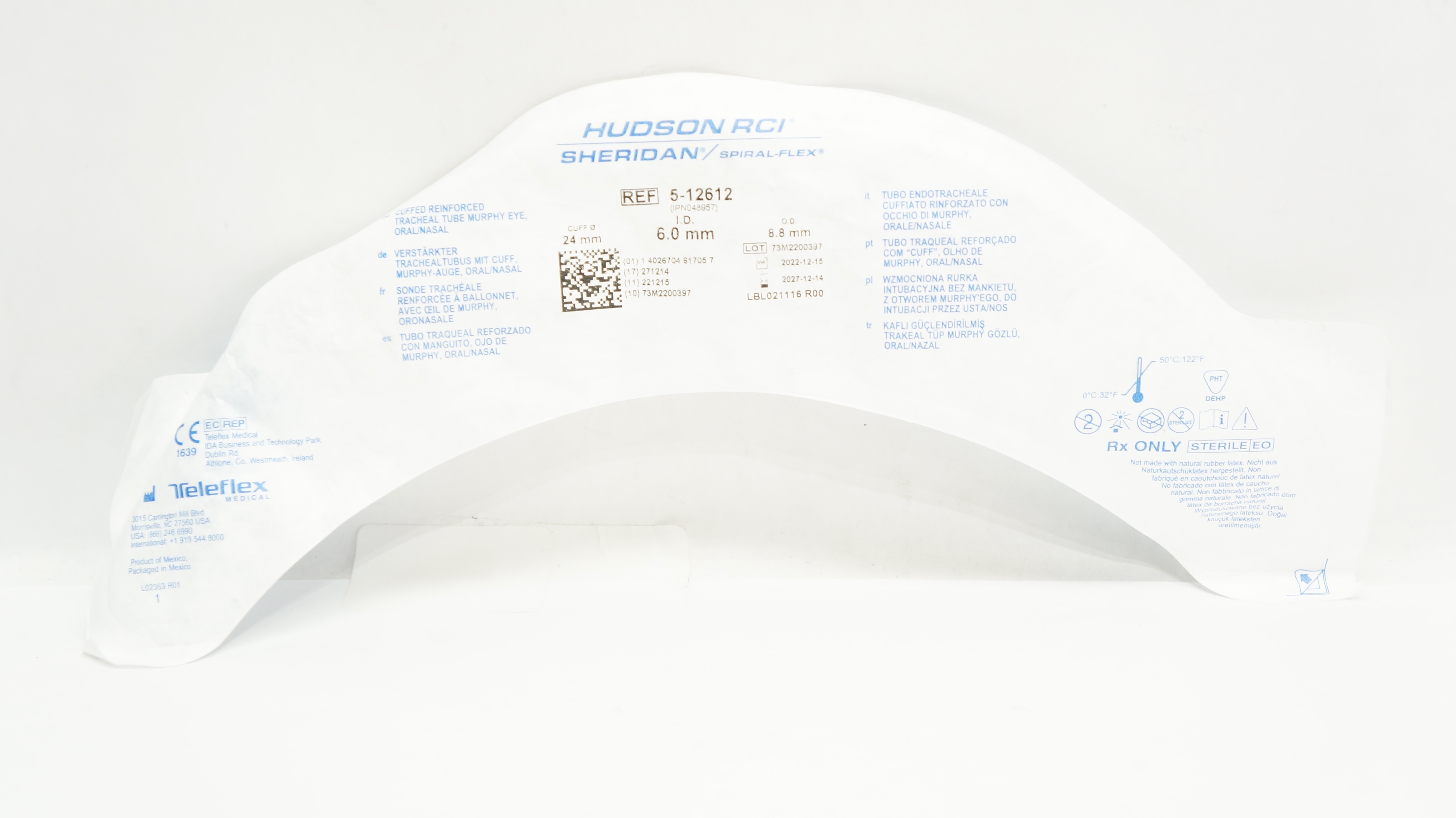 Teleflex 5-12612 Hudson RCI Sheridan Reinforced Tracheal Tube 24mm x 6mm x 8.8mm