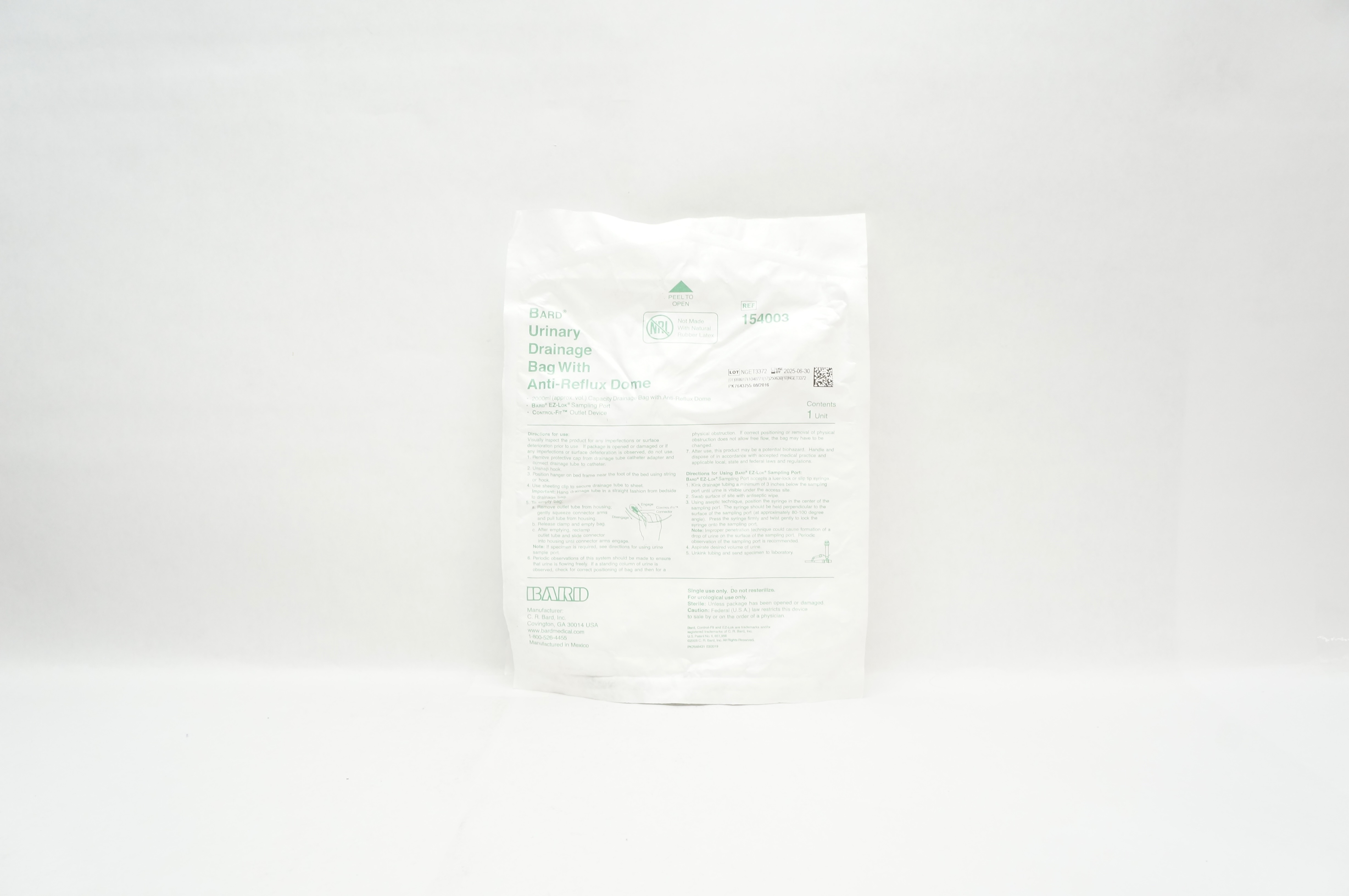 Bard 154003 Urinary Drainage Bag With Anti-Reflux Dome 2000 ml Approx. Vol.