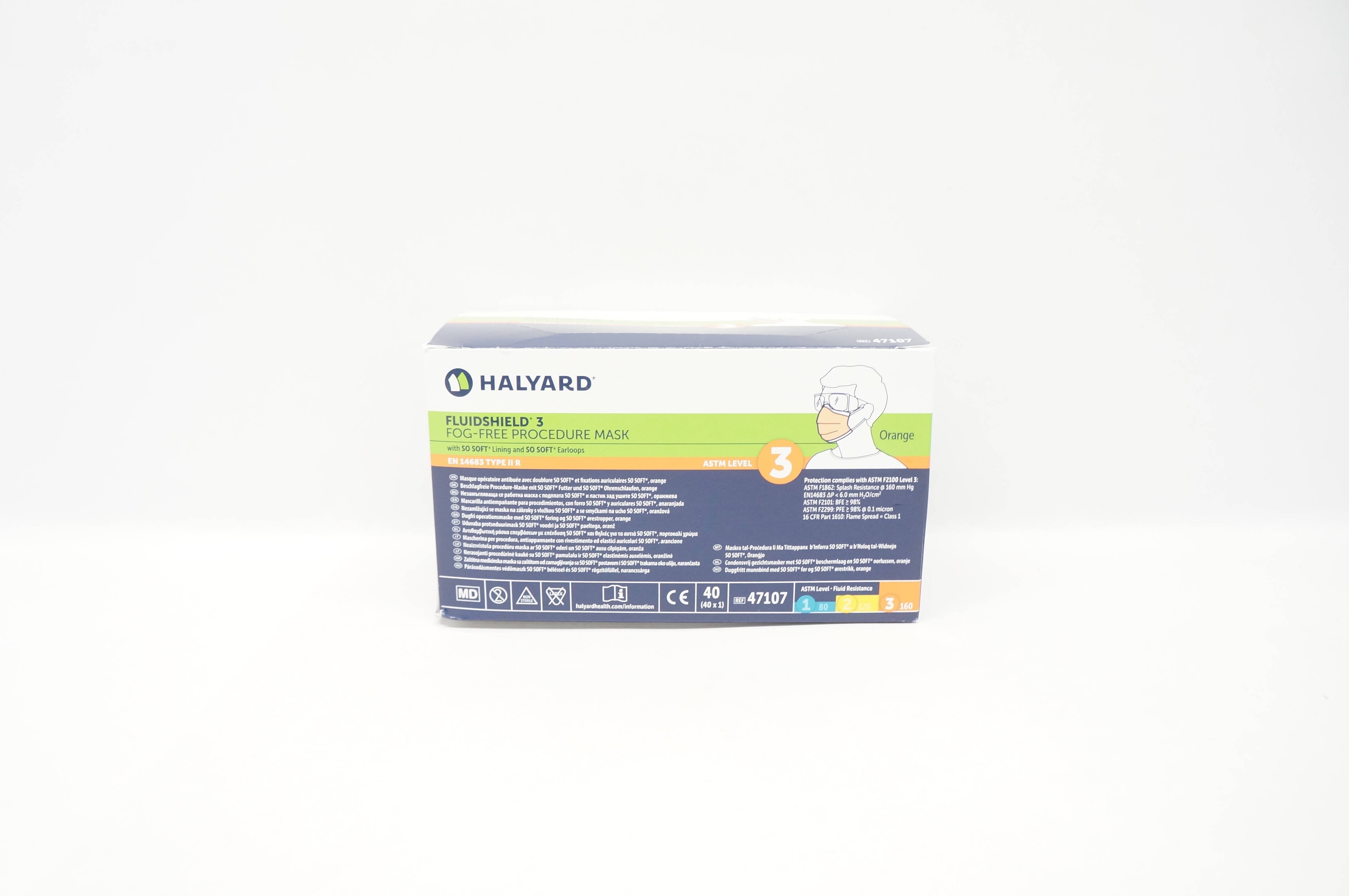 Halyard 47107 Fluidshield 3 Fog-Free Procedure Mask ASTM Level 3 - Box of 40