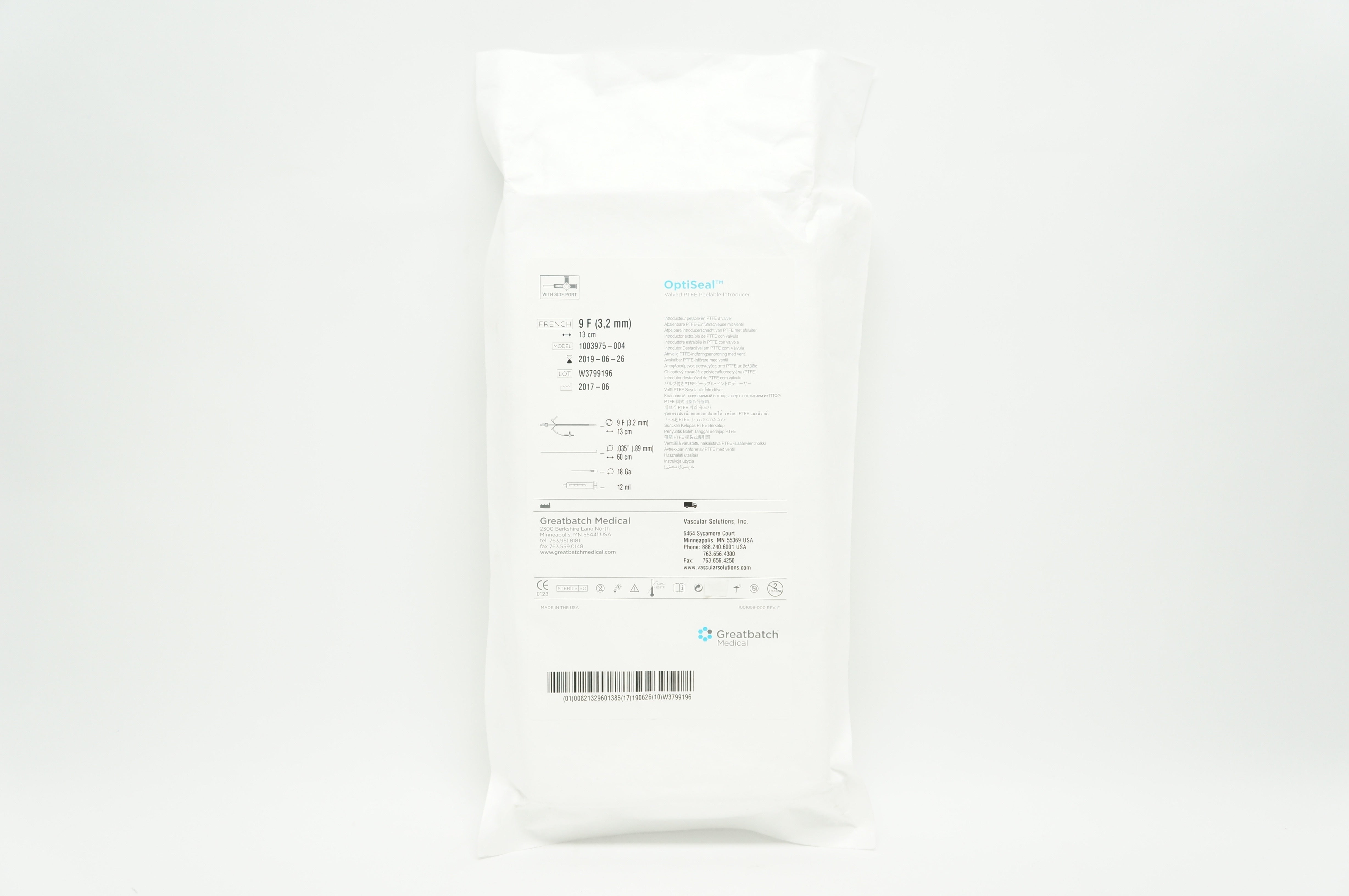 Greatbatch Medical 1003975-004 OptiSeal Valved PTFE Peelable Introducer 9F (x)
