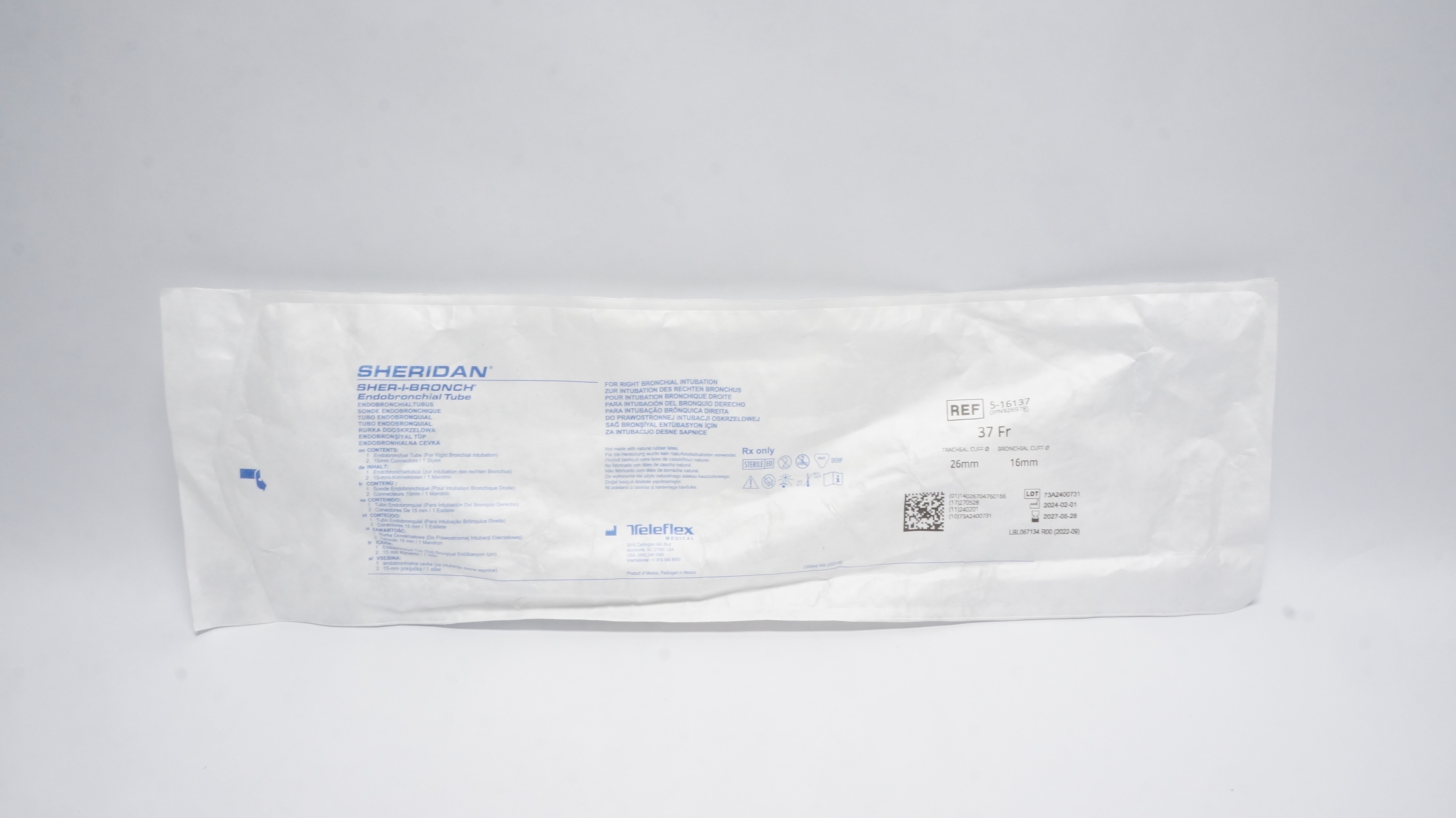 Teleflex 5-16137 Hudson RCI Sheridan Endobronchial Tube 37Fr x 26mm x 16mm