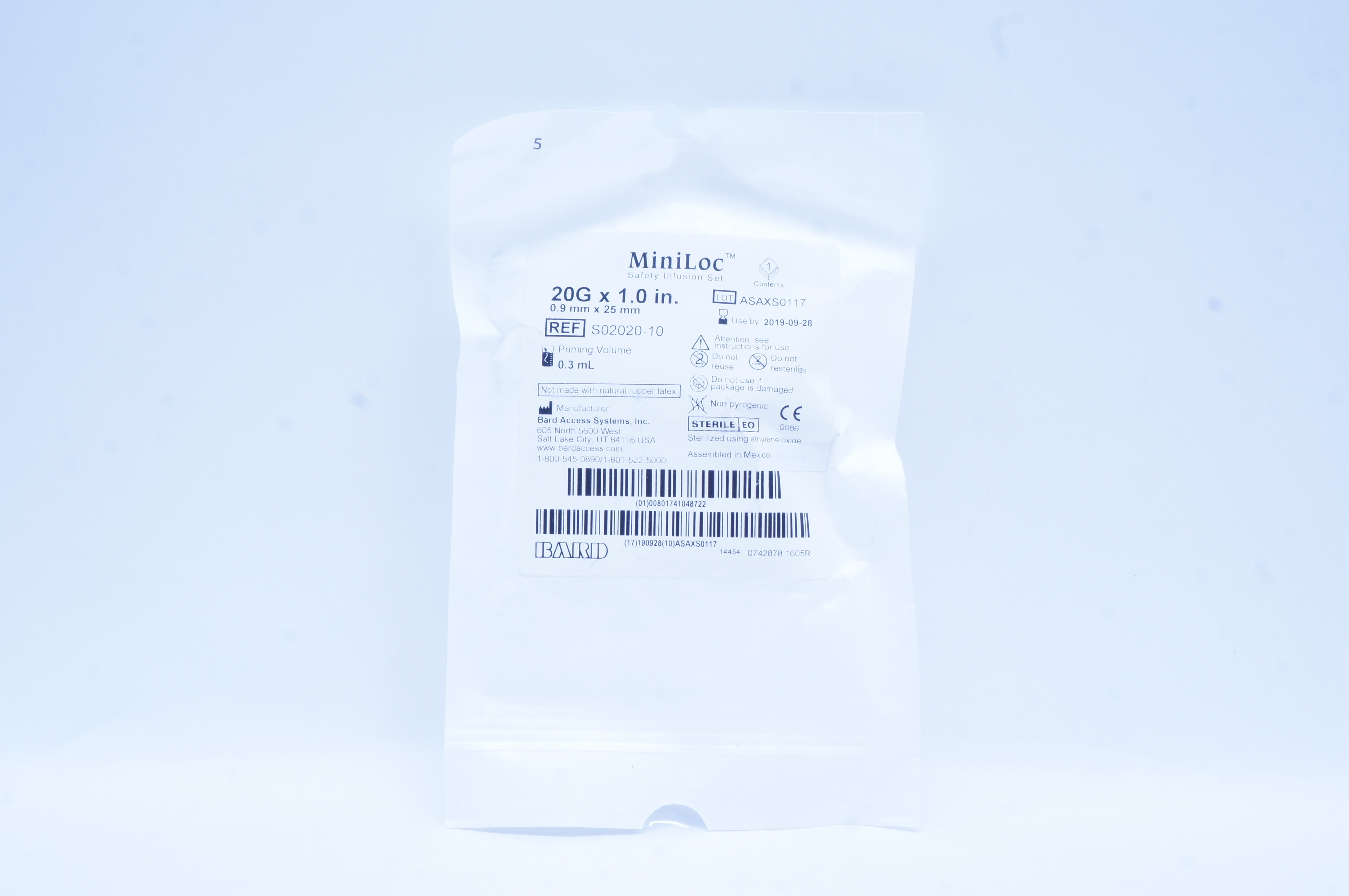 Bard S02020-10 MiniLoc Safety Infusion Set 20G x 1.0 inch Priming Vol. 0.3mL (x)