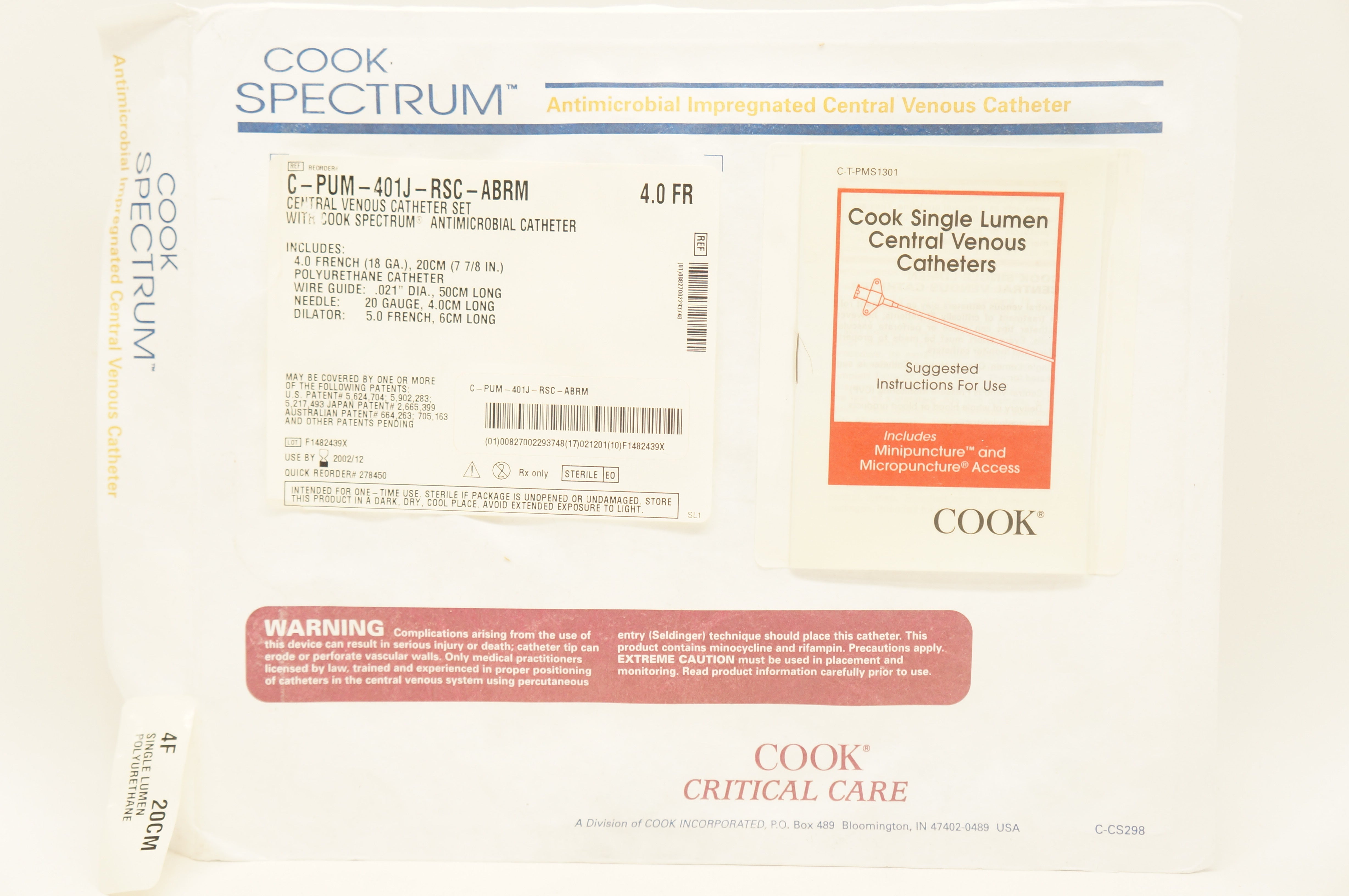 Cook Medical 278450 Central Venous Catheter Set 18Ga 7 7/8inch 4.0 Fr (x)