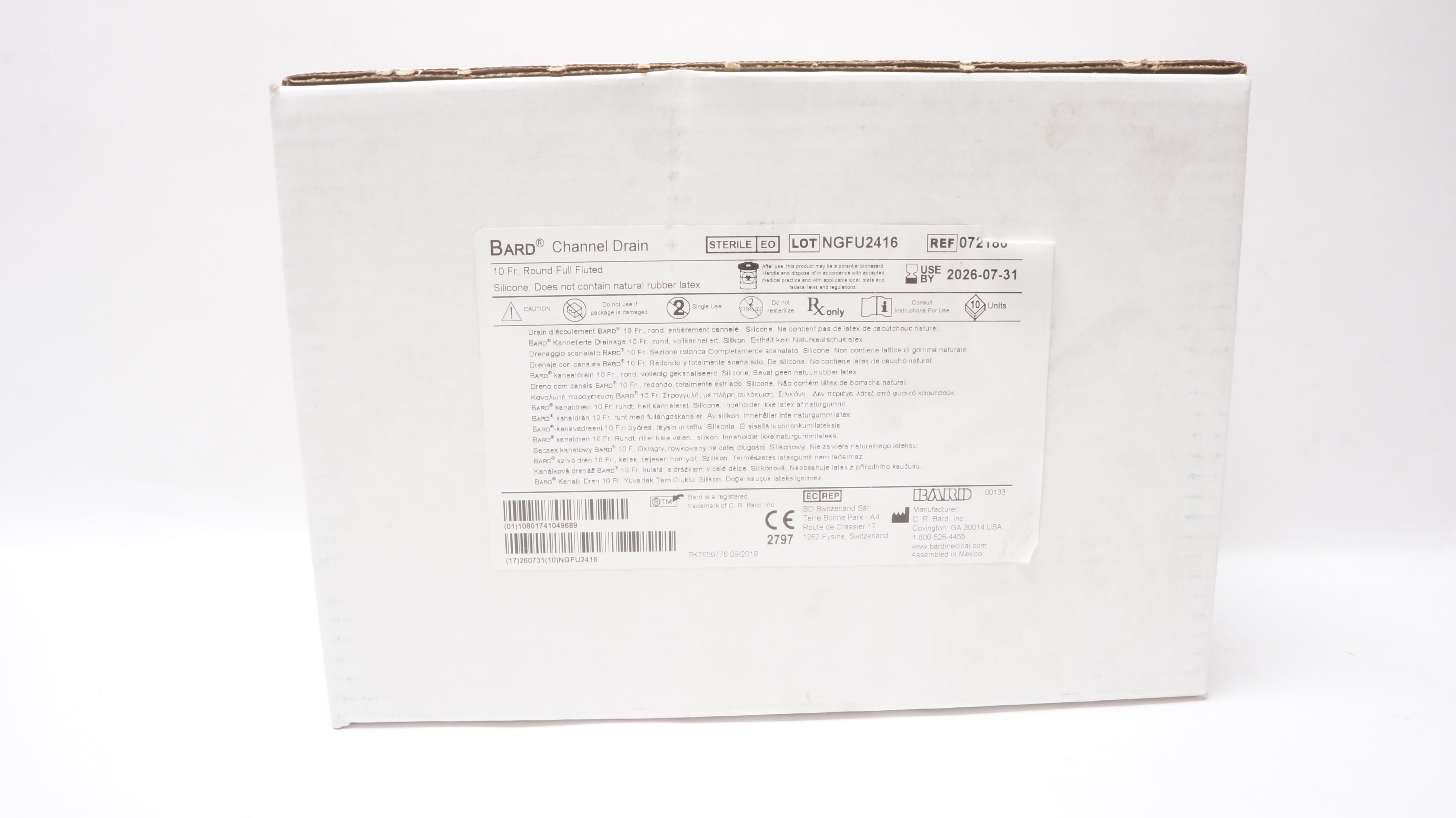 Bard 072186 Channel Drain Round Full Fluted 10Fr - Box of 10