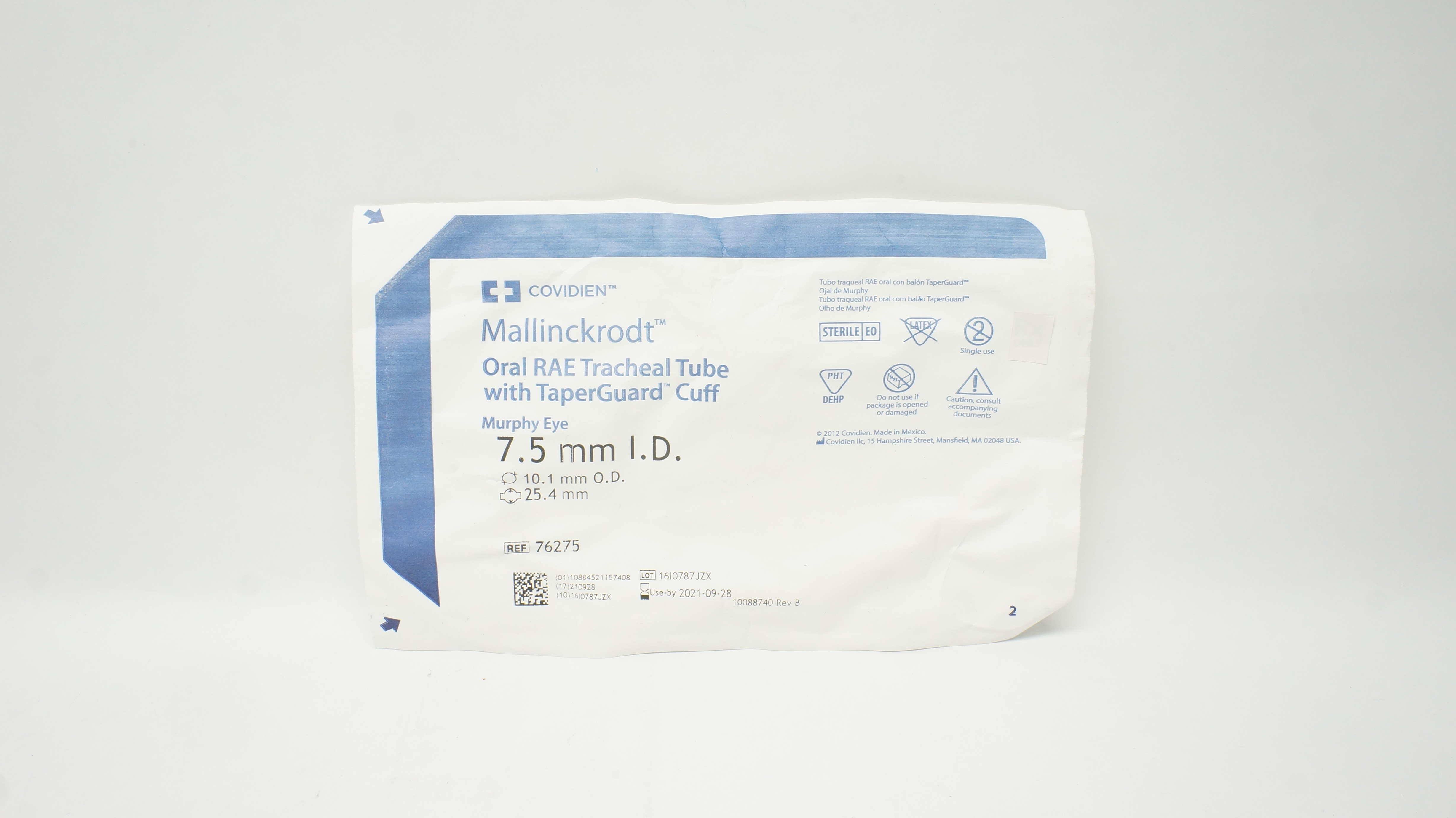Covidien 76275 Mallinckrodt Oral RAE Tracheal Tube 7.5 ID x 10.1 OD x 25.4mm (x)