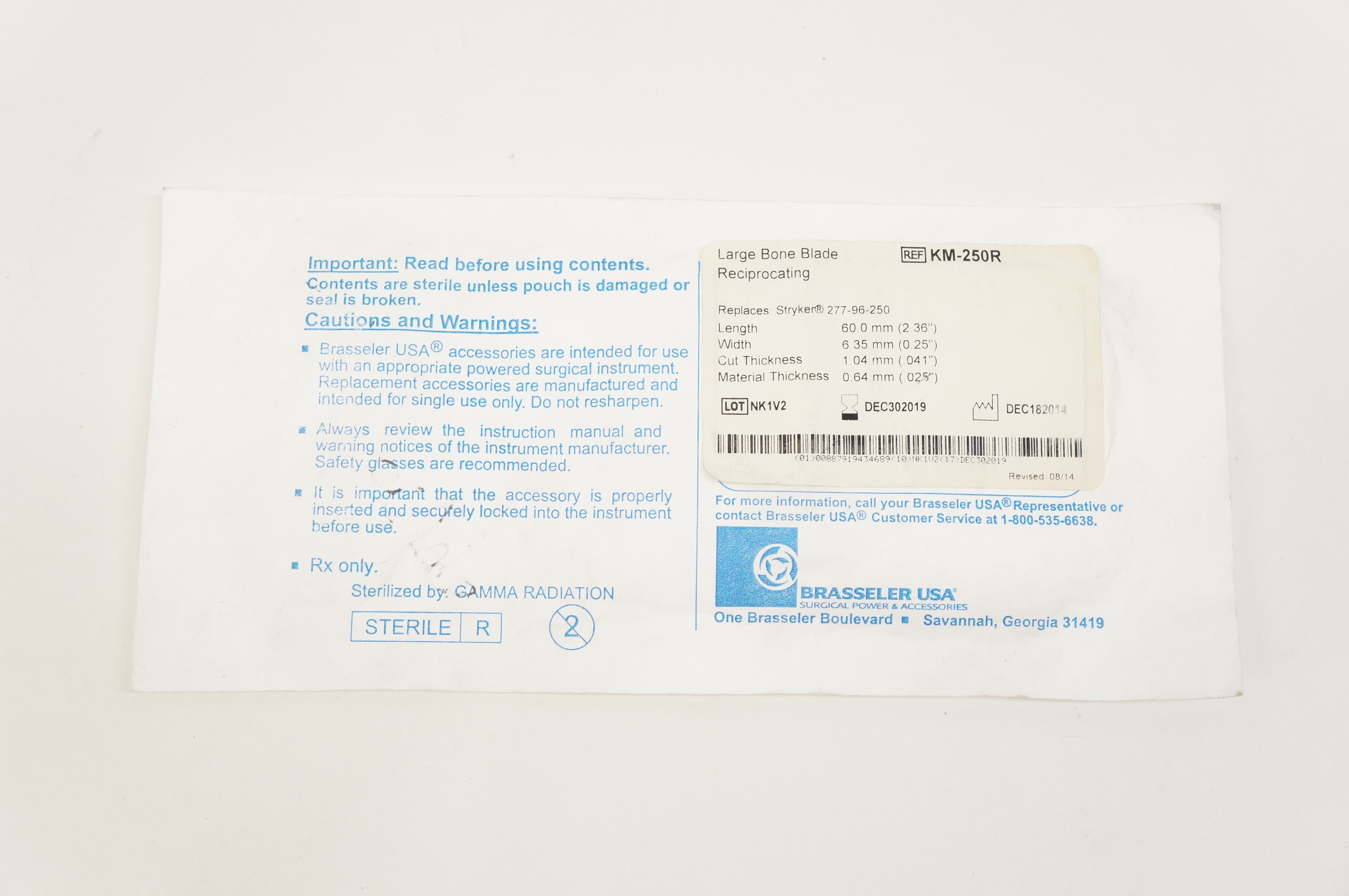 Brasseler KM-250R Large Bone Blade Reciprocating 2.36inch x 0.25inch x 0.41inch (x)