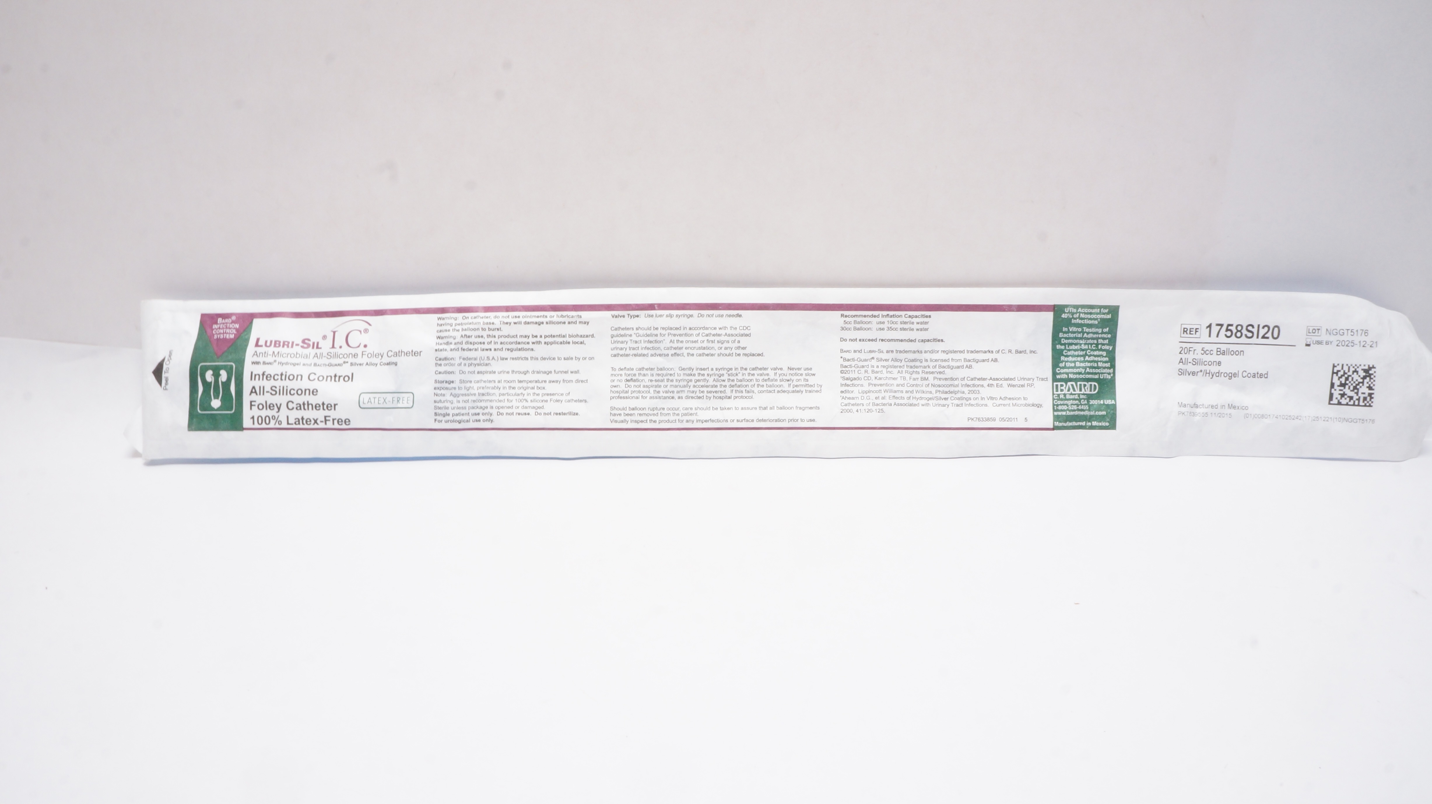 Bard 1758SI20 Lubri-Sil I.C. Anti-Microbial All-Silicone Foley Cath. 20Fr