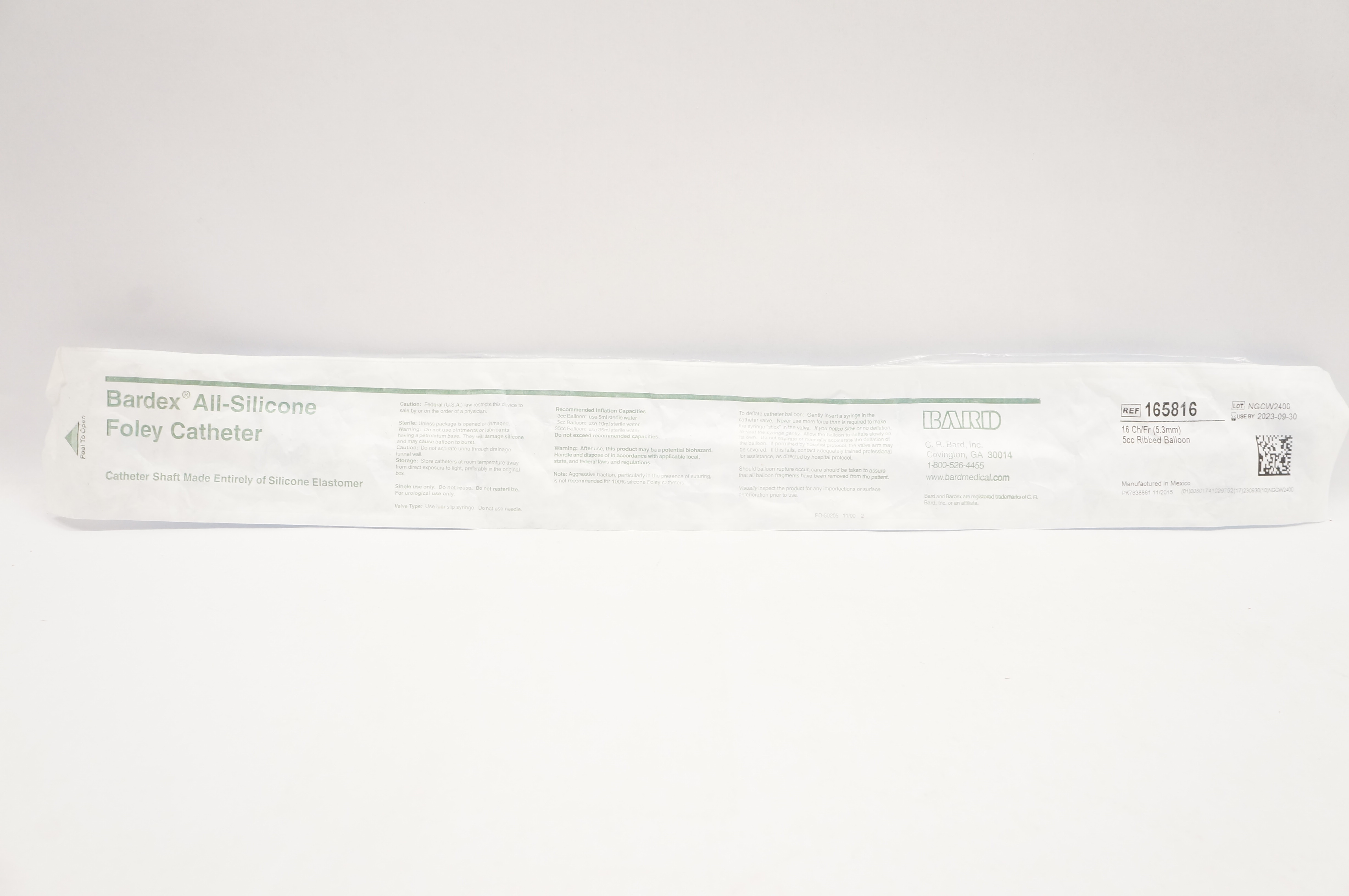 Bard 165816 Bardex All-Silicone Foley Cath. 16Fr 5cc Ribbed Balloon (x)