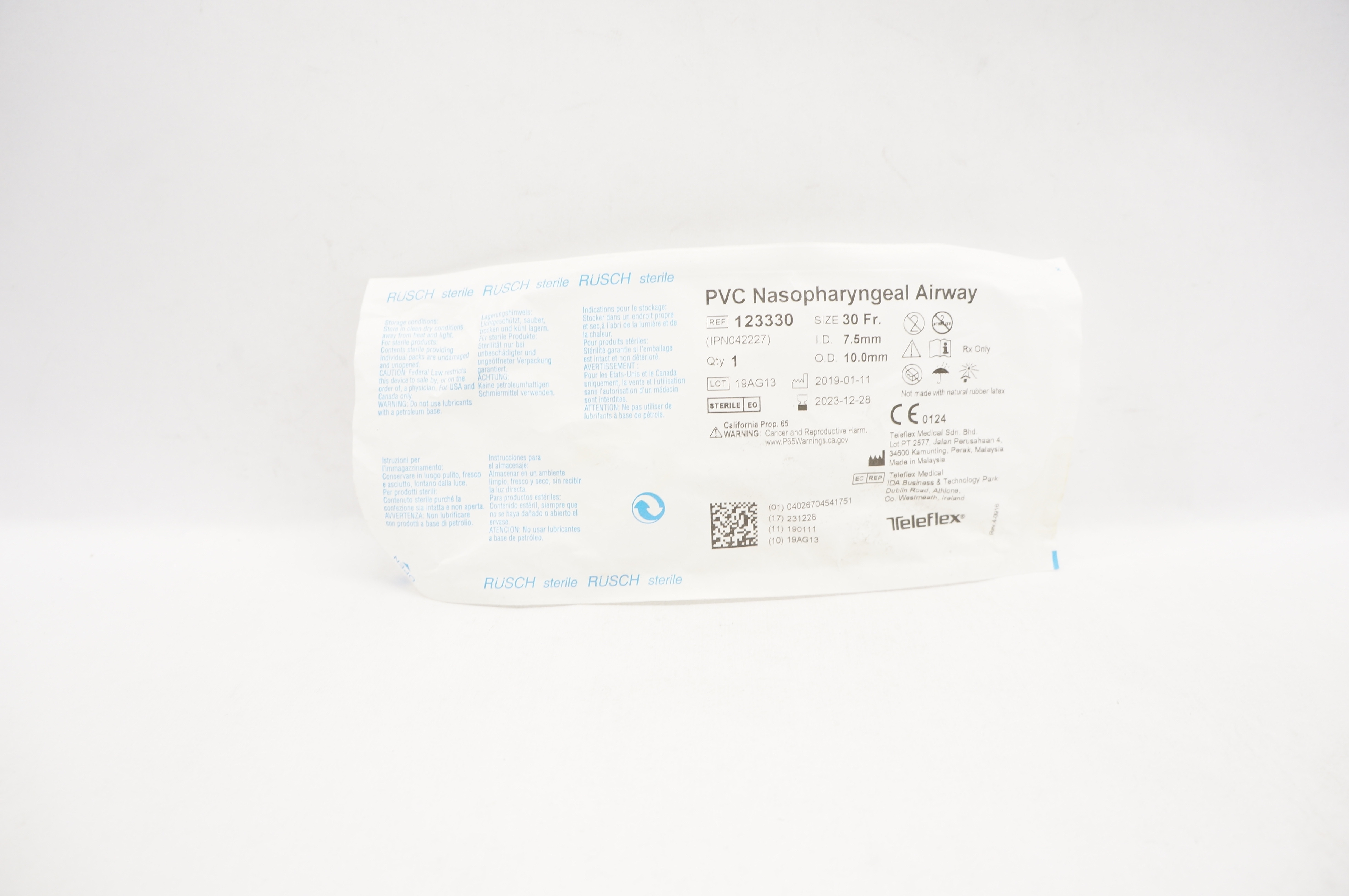Teleflex 123330 Rusch PVC Nasopharyngeal Airway 30 Fr x 7.5mm I.D. x 10.0mm O.D.