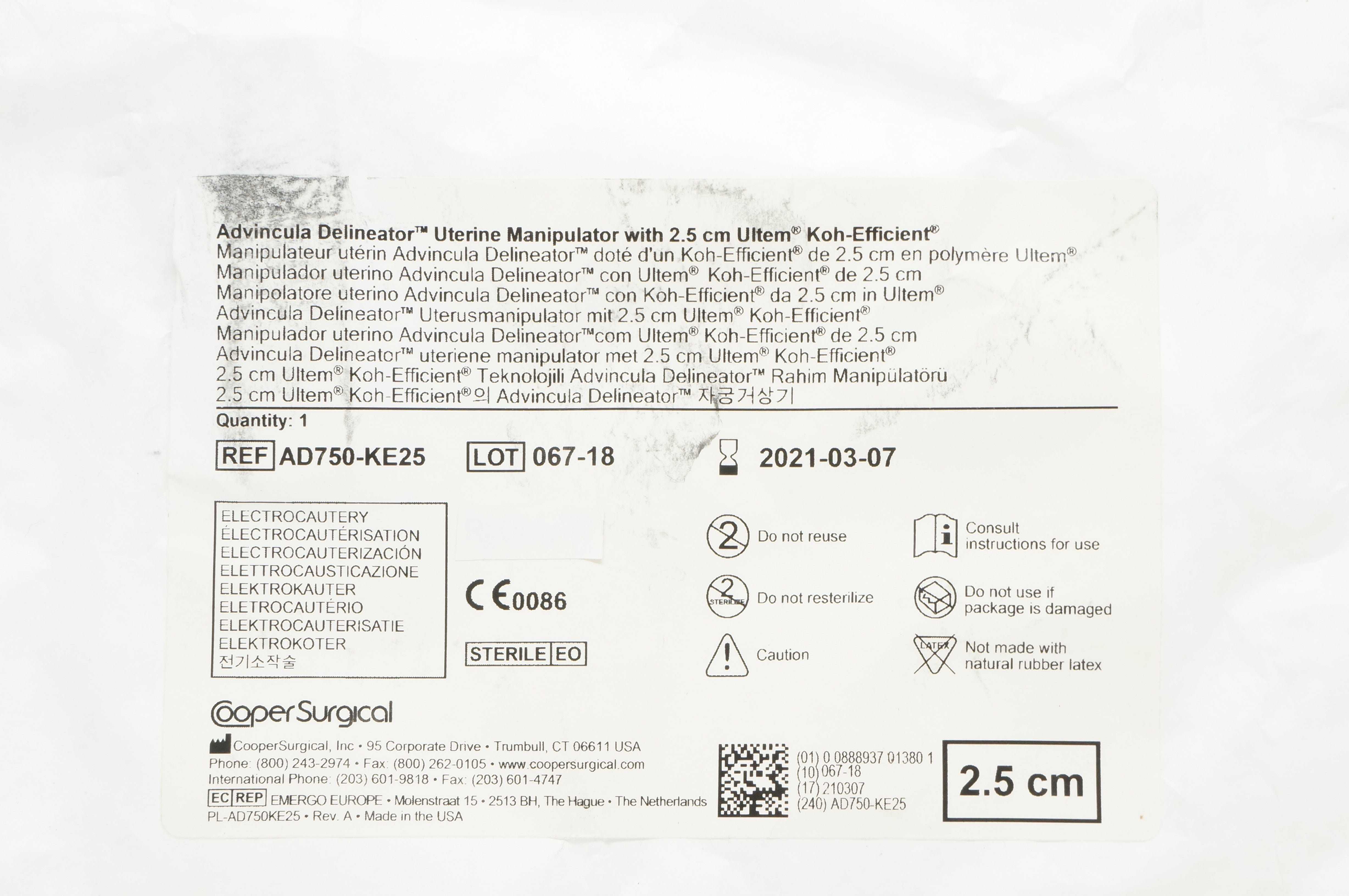 CooperSurgical AD750-KE25 Advincula Delineator Uterine Manipulator 2.5cm (x)