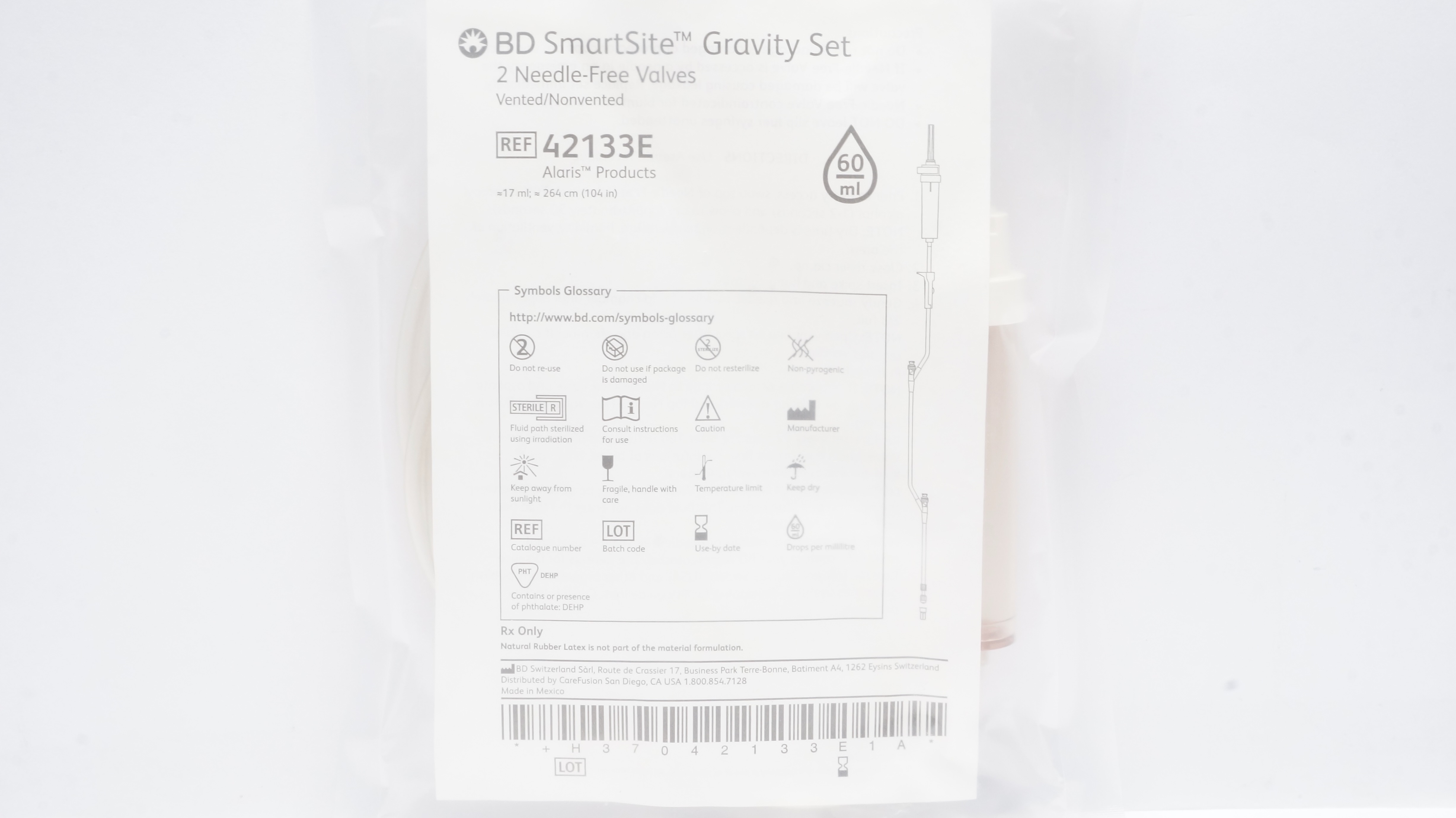 BD 42133E SmartSide Gravity Set 2 Ndle-Free Valves 17ml x 104inch 60Drops/mL