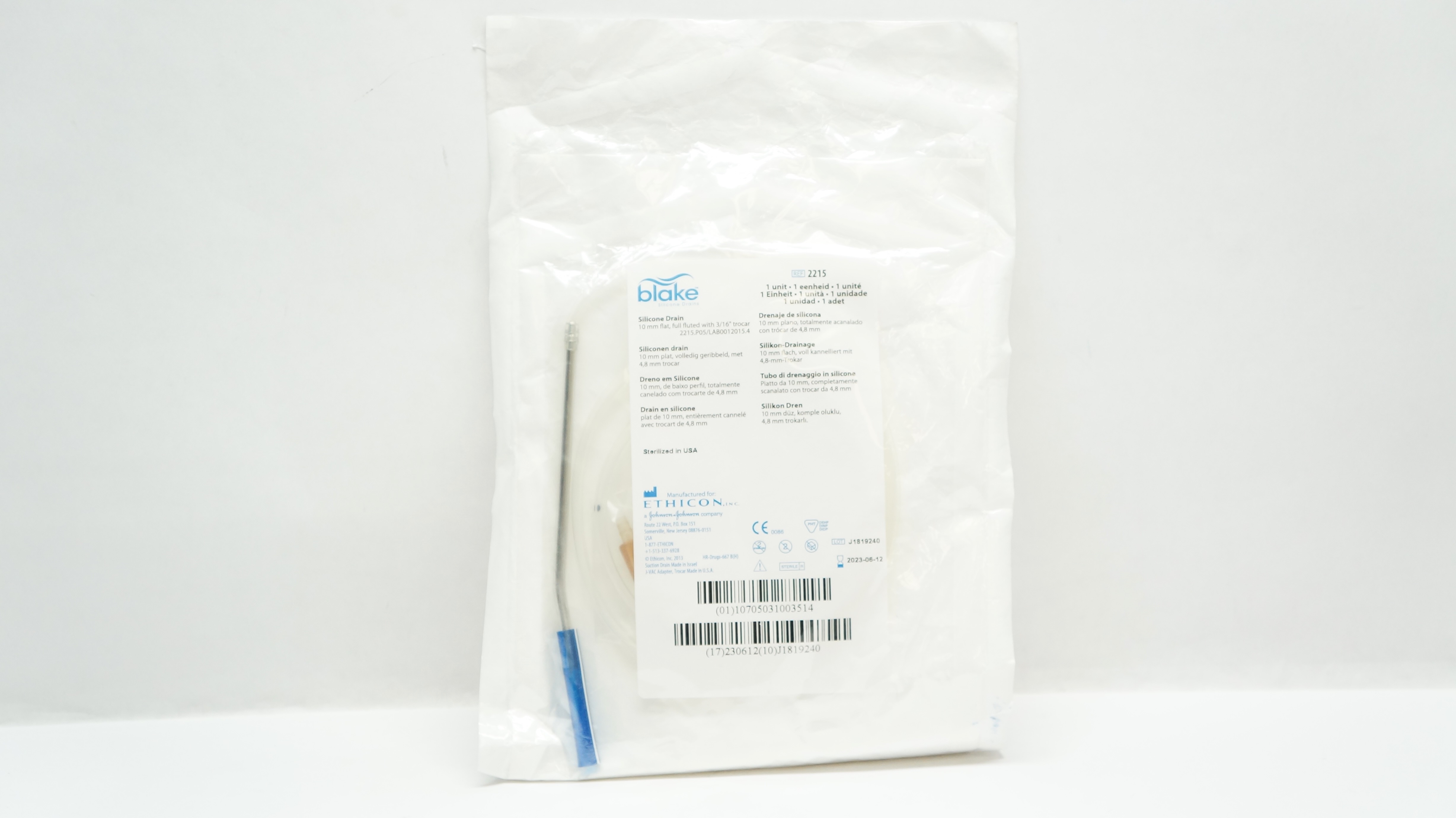 Ethicon 2215 Blake Silicone Drain 10mm Flat, Full Fluted with 3/16inch Trocar
