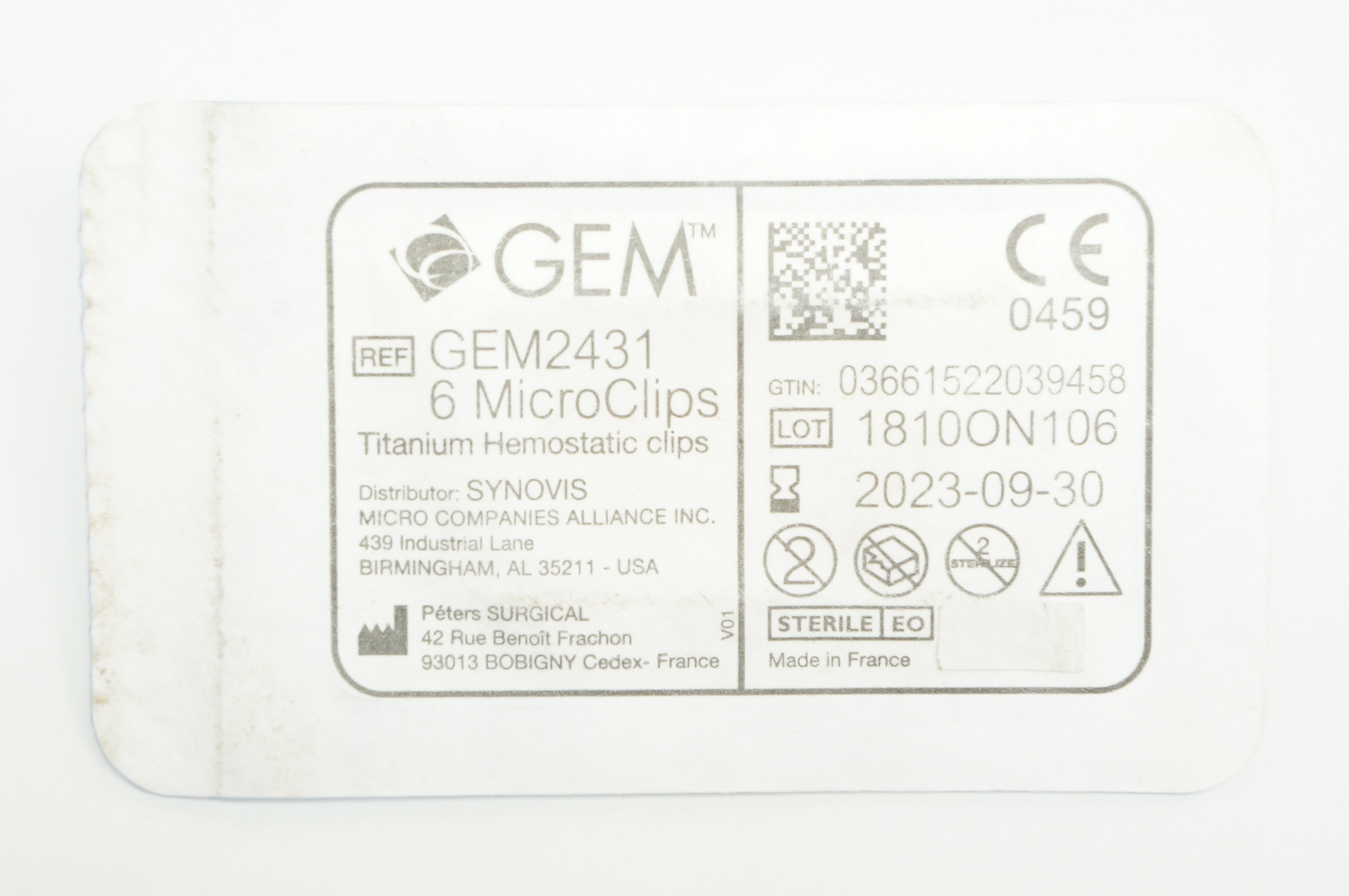 GEM GEM2431, Peters Surgical 6 MicroClips Titanium Hemostatic Clips