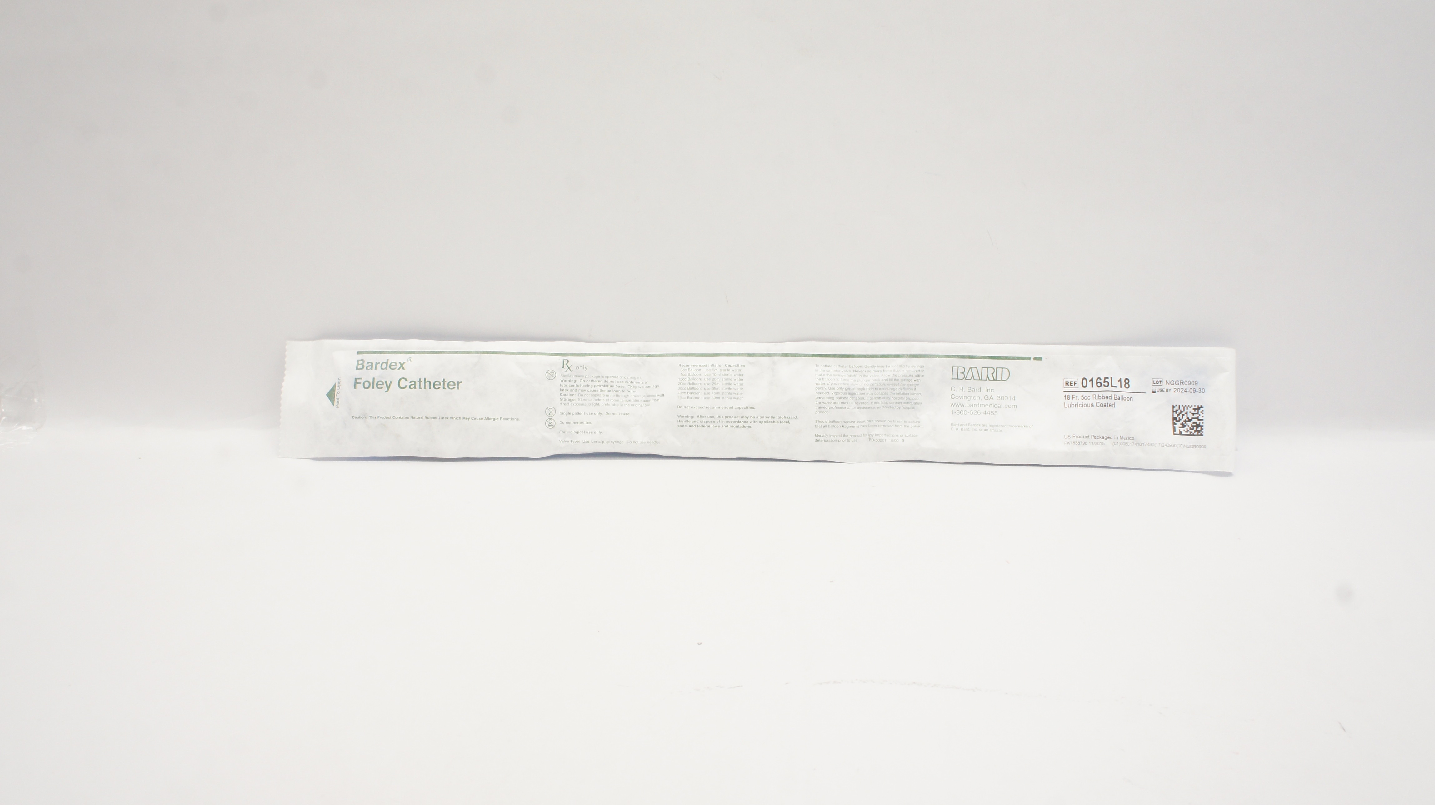 Bard 0165L18 Bardex Foley Cath. 18 Fr 5cc Ribbed Balloon Lubricious Coated