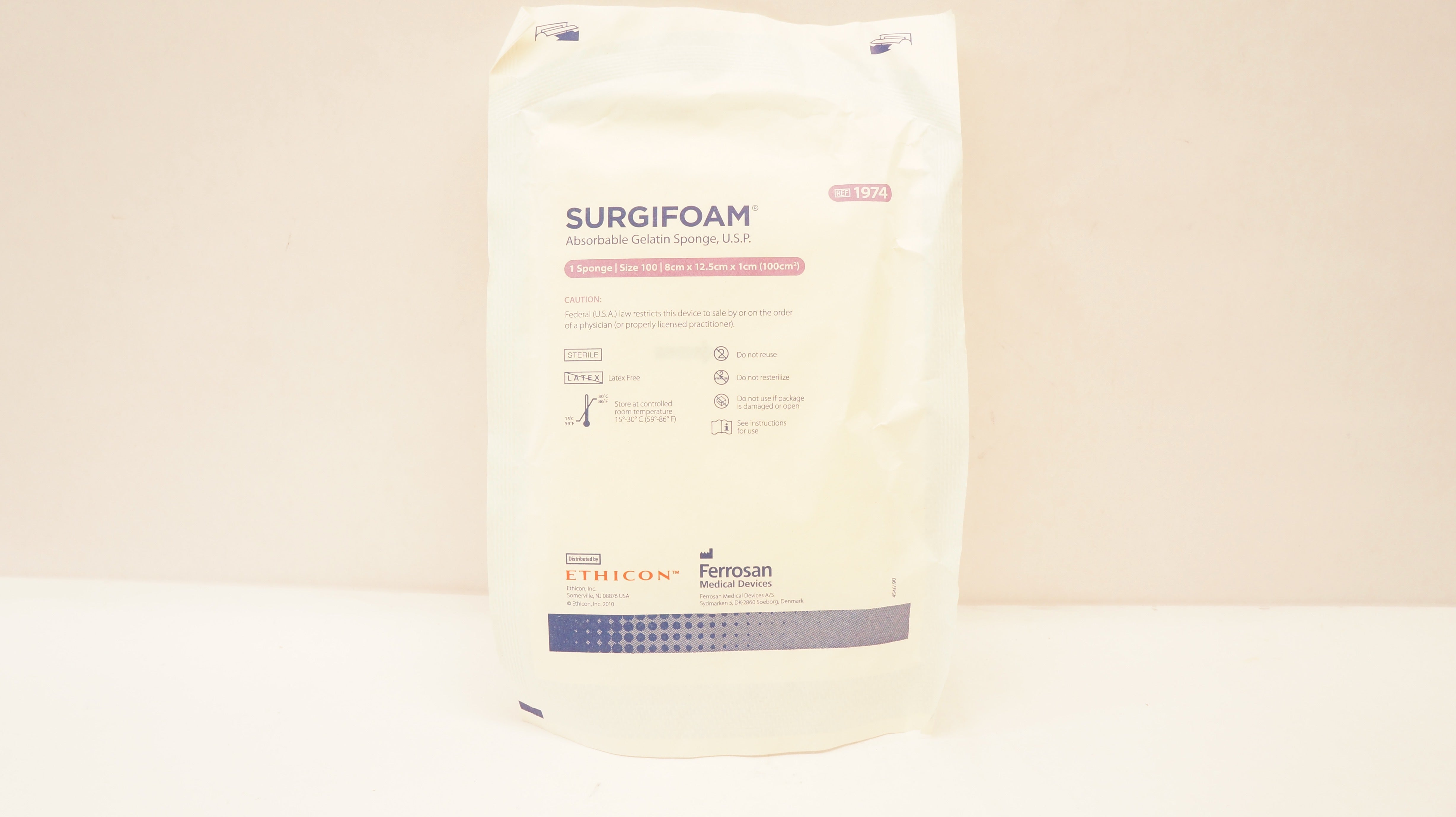 Ethicon 1974 SURGIFOAM Absorbable Gelatin Sponge Size 100, 8cm x 12.5cm x 1cm(x)