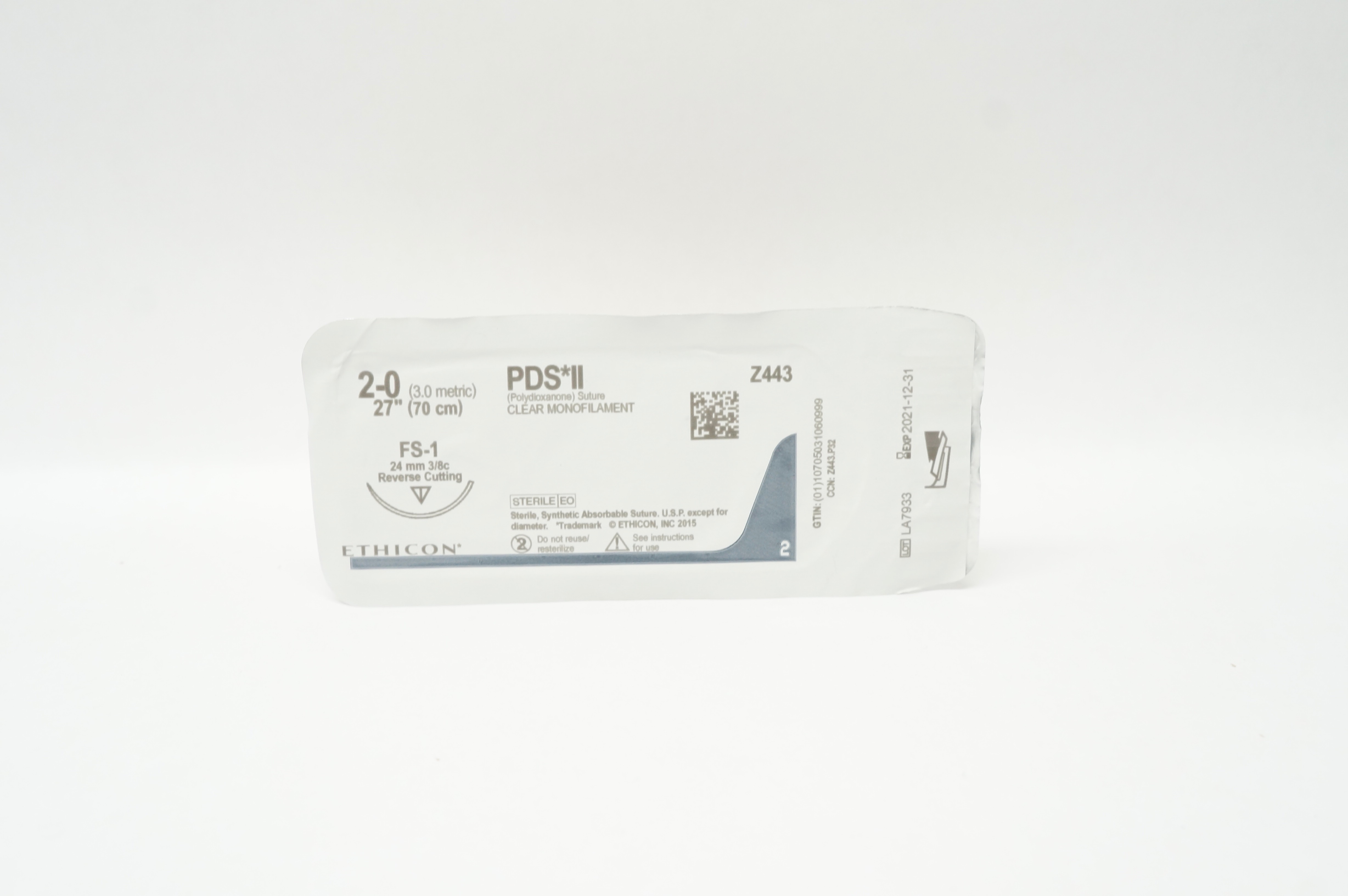 Ethicon Z443 2-0 PDS II, FS-1, 24mm 3/8c Reverse Cutting, 27inch (x)