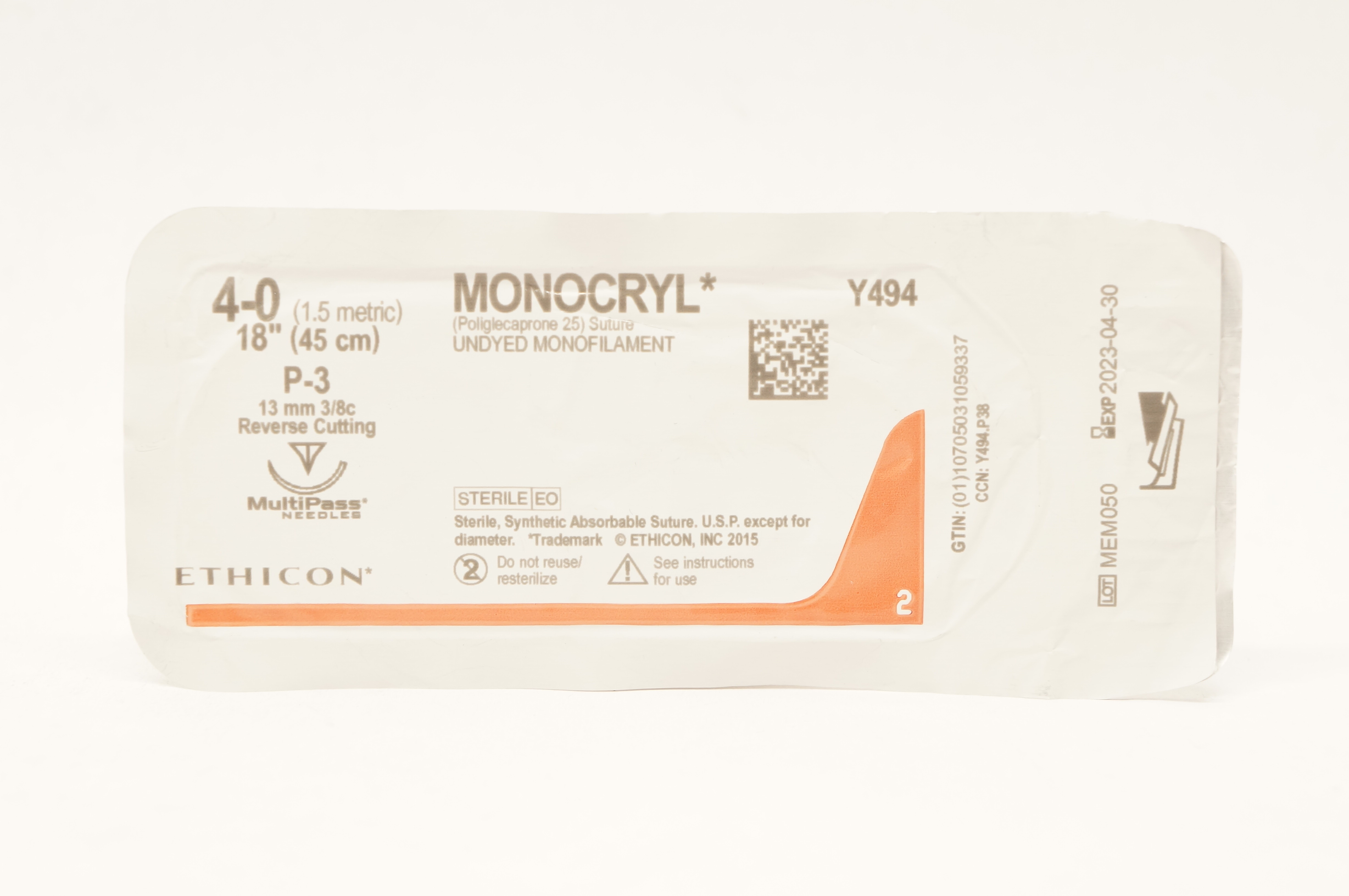 Ethicon Y494 4-0 MONOCRYL Undyed P-3 13mm 3/8c Reverse Cutting, 18inch