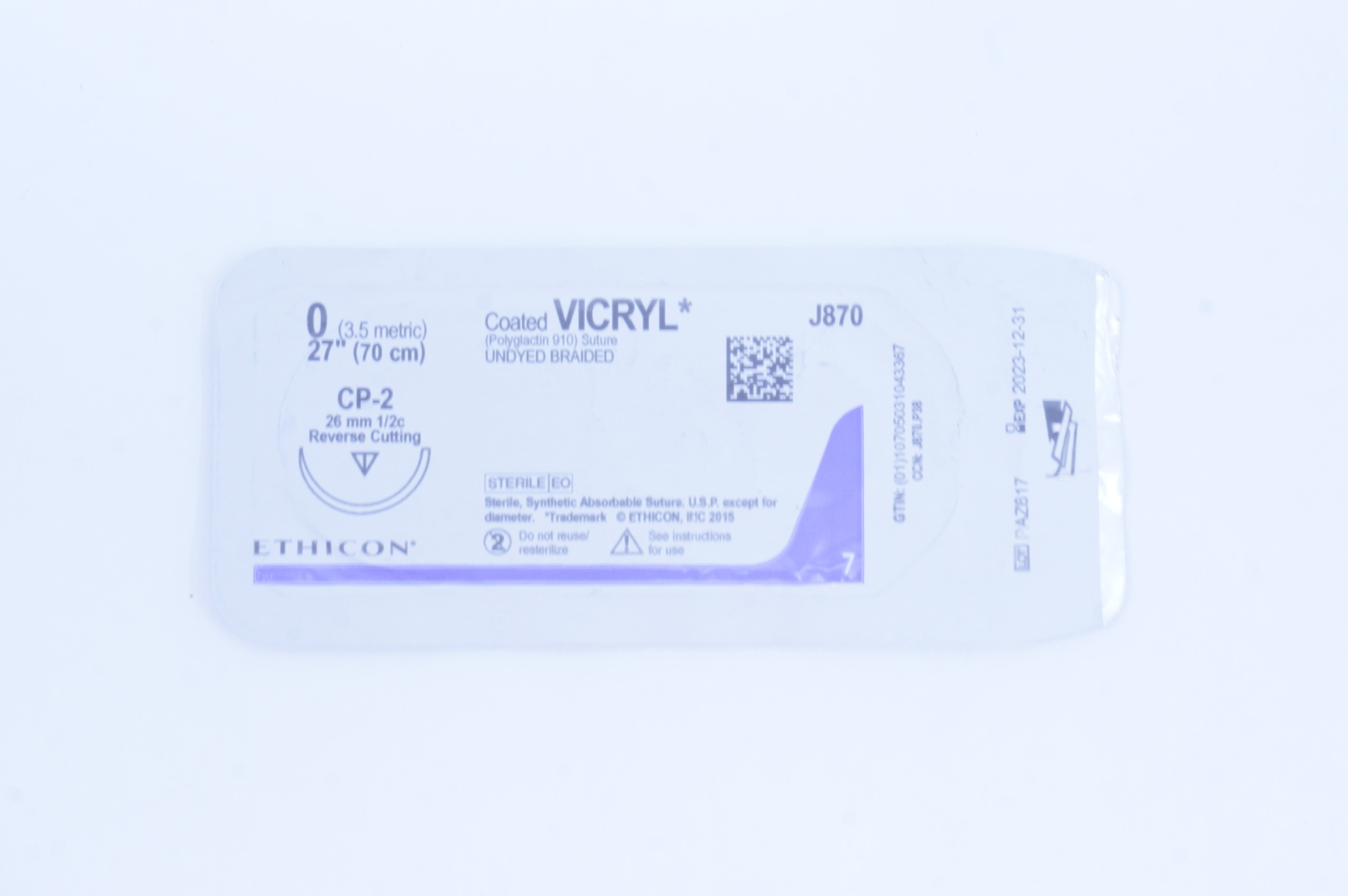 Ethicon J870 0 Coated VICRYL Stre, CP-2 26mm 1/2c Reverse Cutting, 27inch (x)
