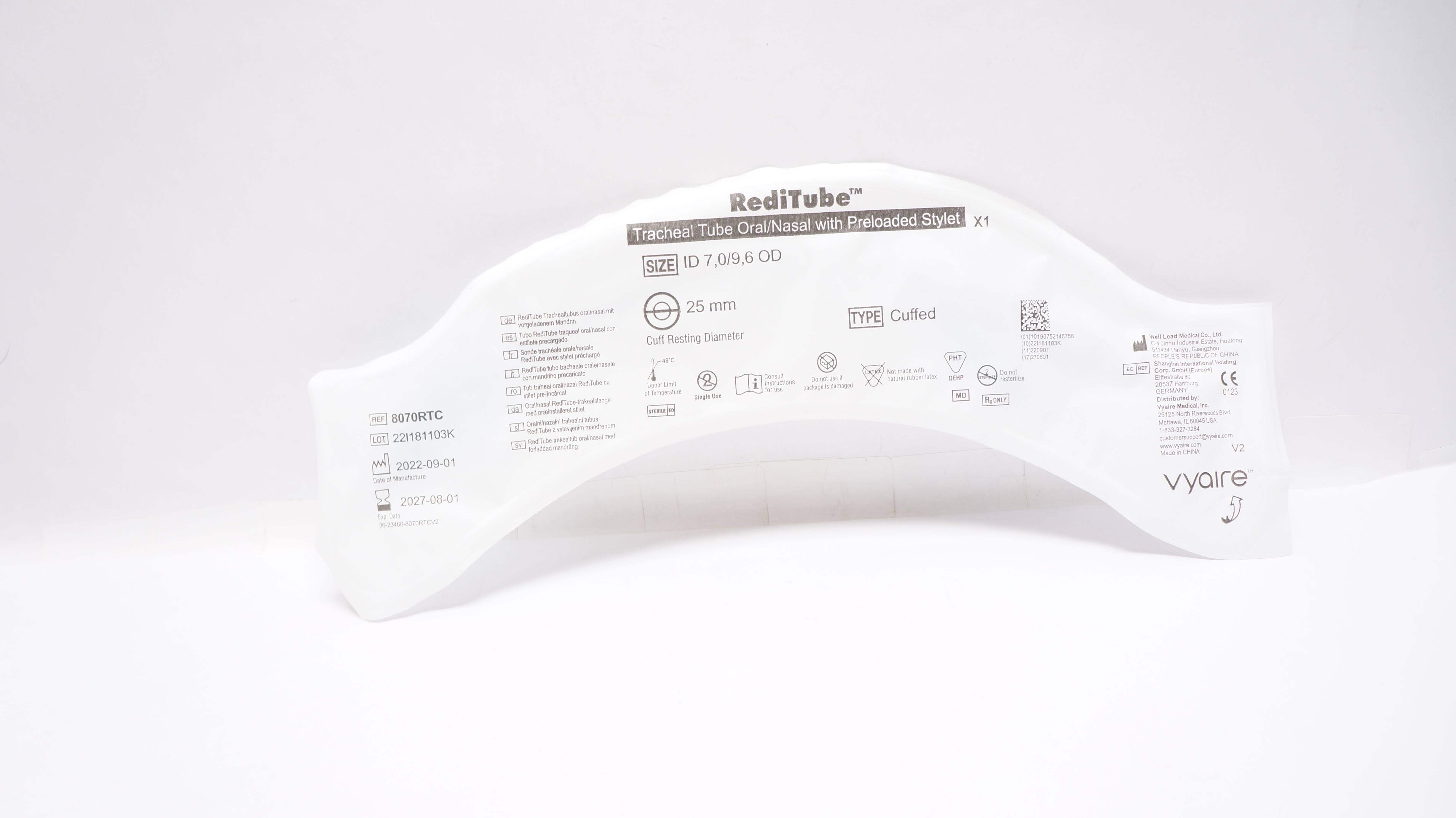 Vyaire 8070RTC Tracheal Tube OIral/Nasal w/Preloaded Stylet 7.0ID x 9.6OD x 25mm