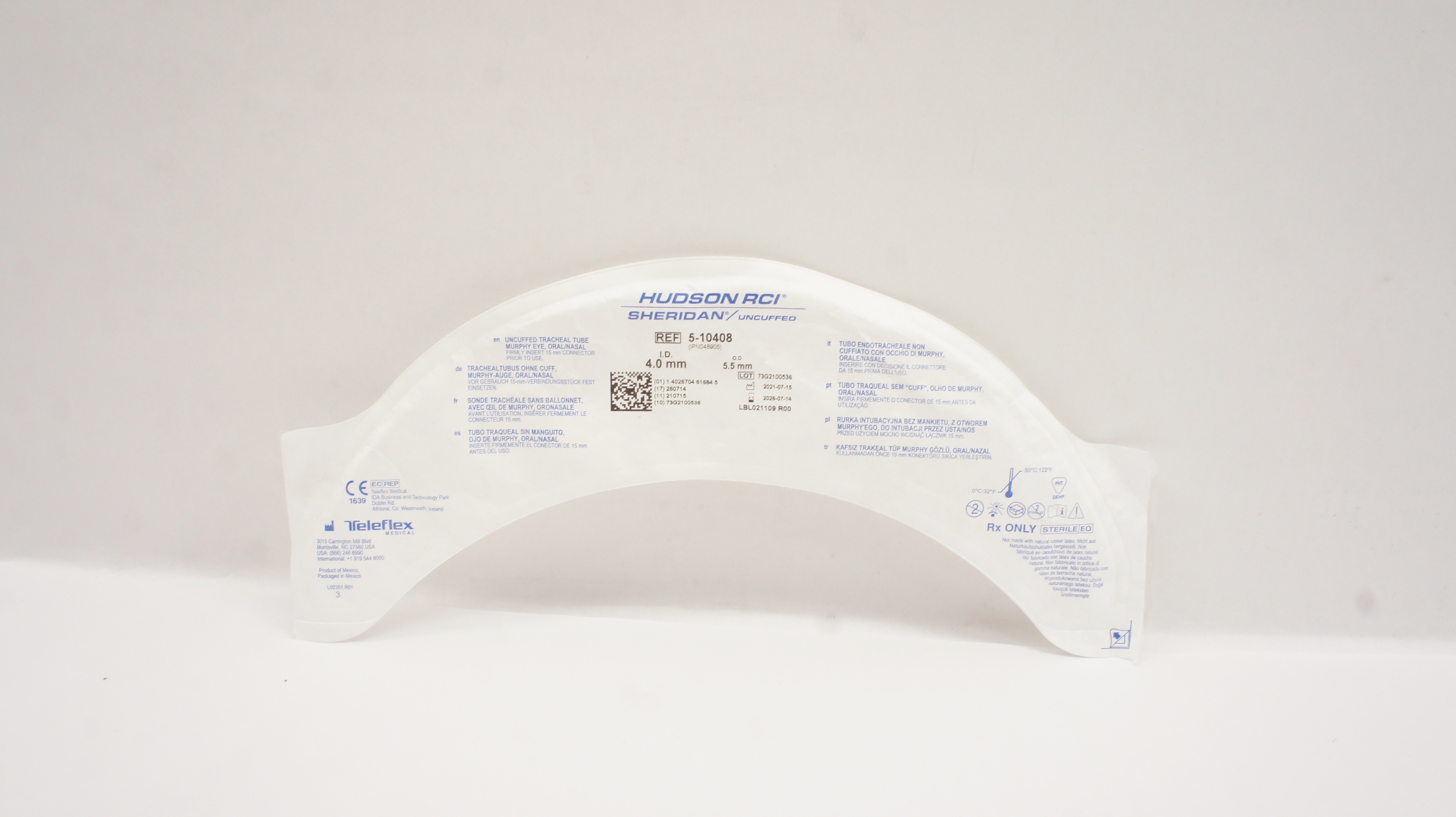 Teleflex 5-10408 Hudson RCI Sheridan Uncuffed Tracheal Tube 4.0mm ID x 5.5mm OD
