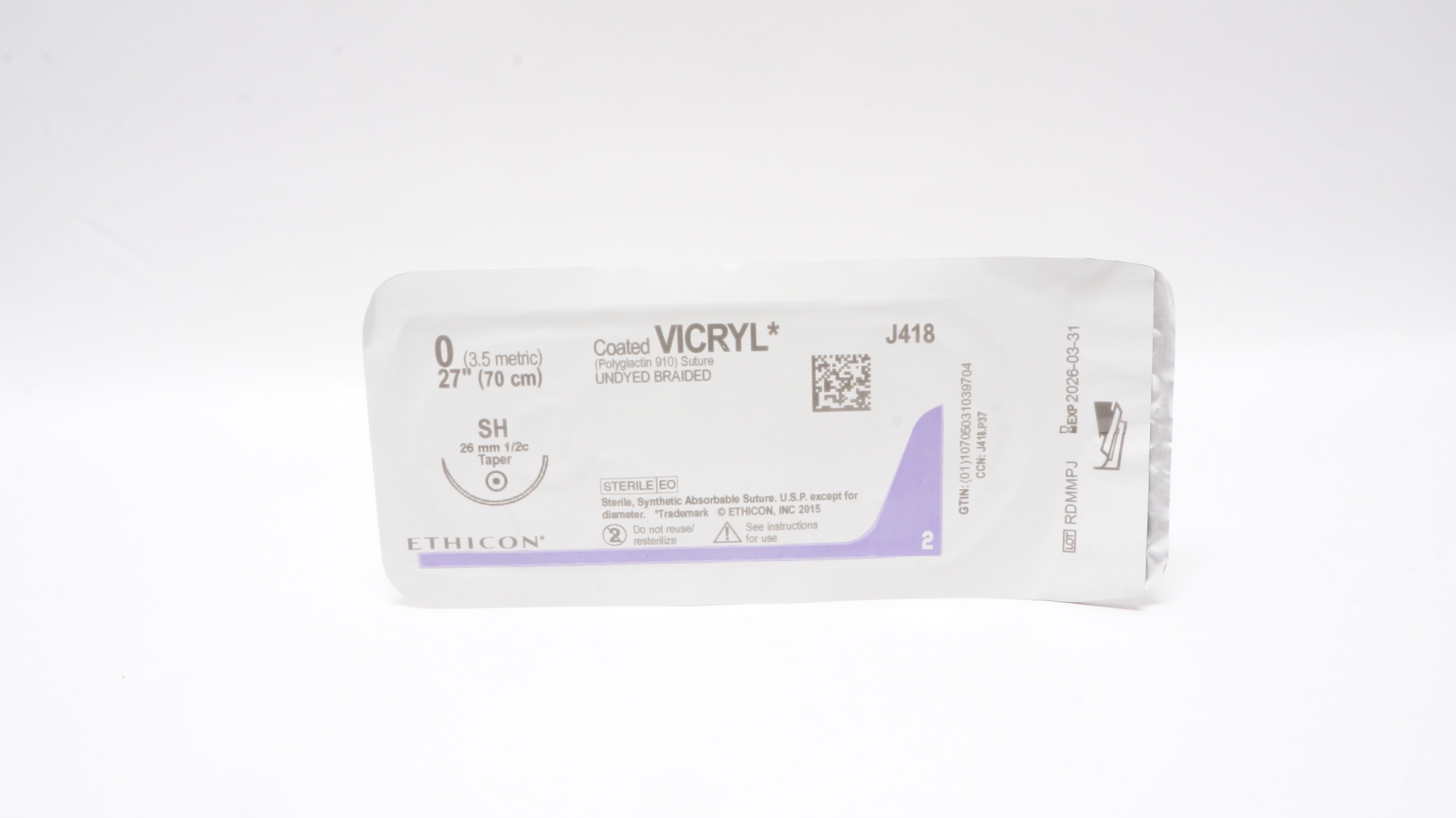 Ethicon J418 0 Coated VICRYL Undyed Braided Stre, SH 26mm 1/2c Taper, 27inch