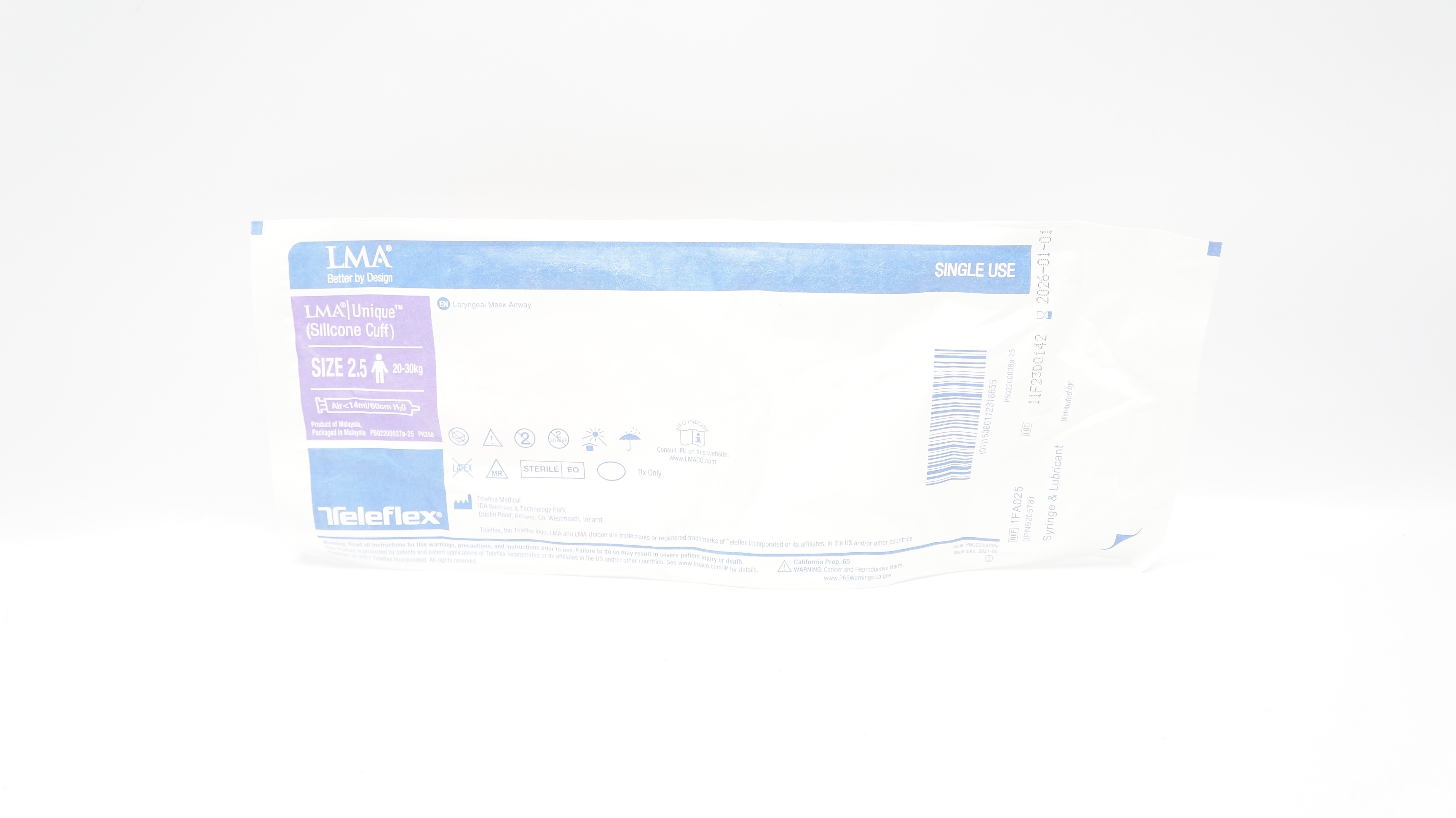 Teleflex 1FA025 LMA Unique Silicone Cuff Laryngeal Mask Airway, Size 2.5