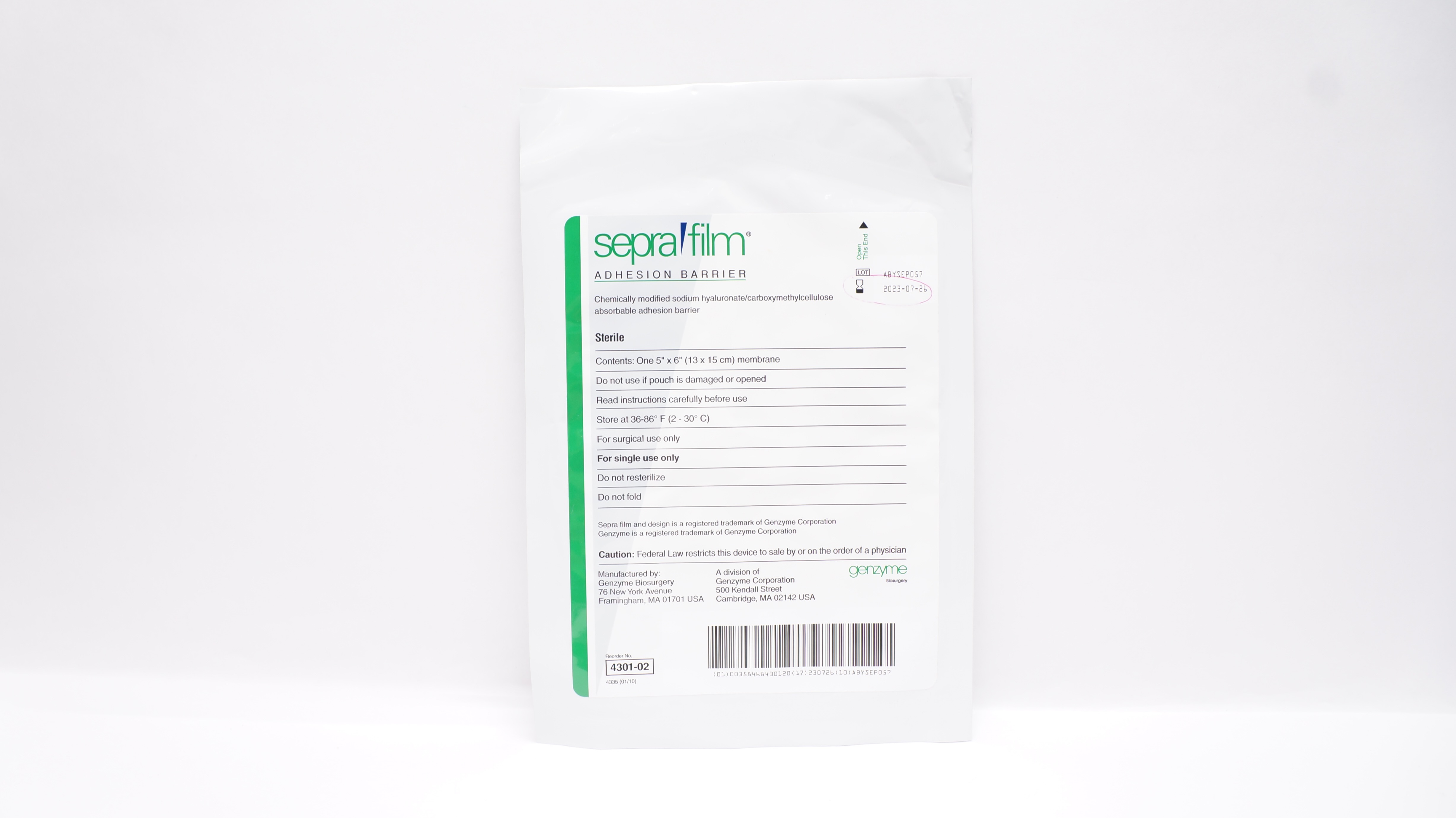 Genzyme 4301-02 Sepra Firm Adhesion Barrier 5inch x 6inch Membrane (x)