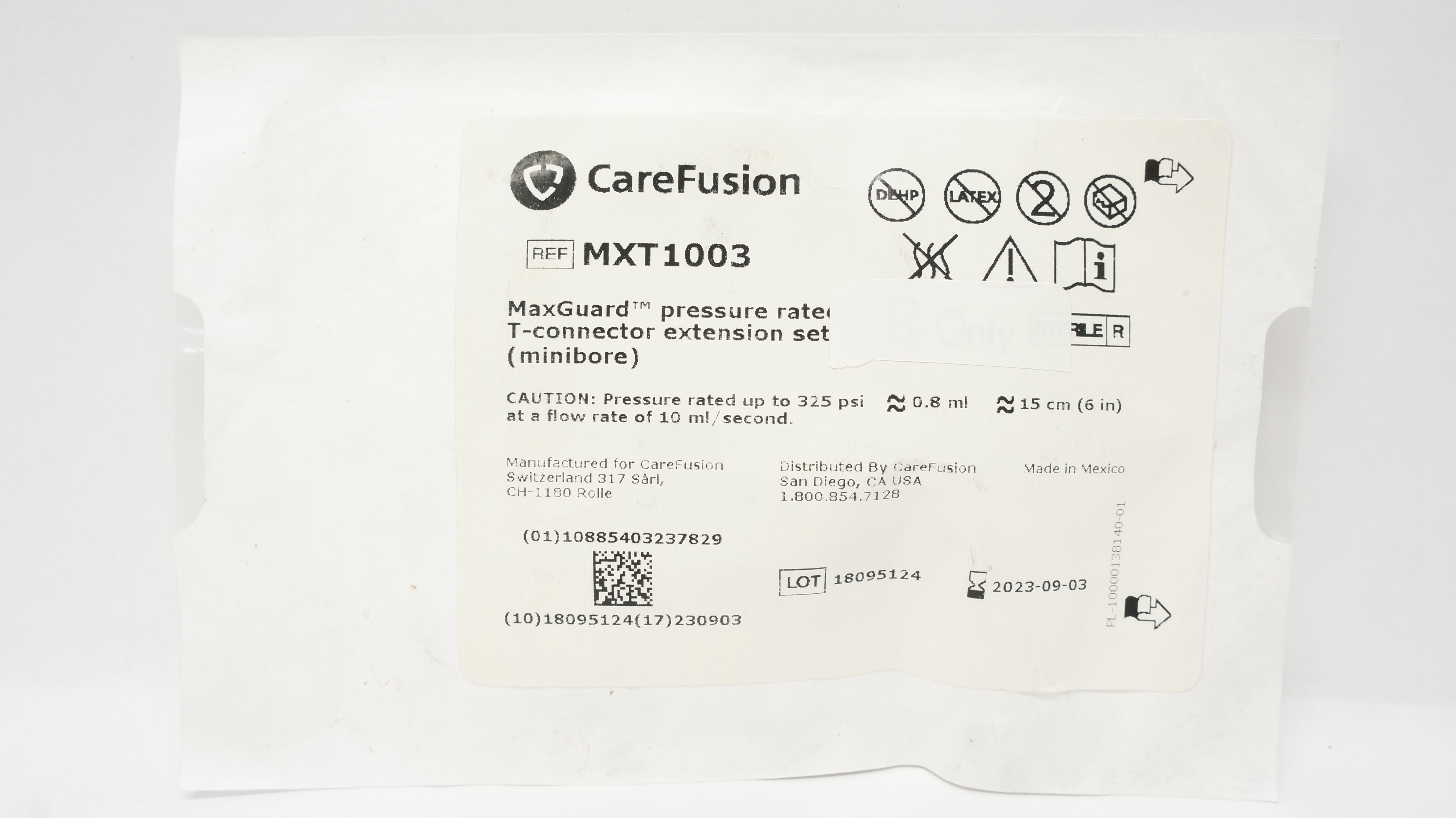 CareFusion MXT1003 MaxGuard Pressure Rated T-Connector Extension Set 0.8mlx6inch