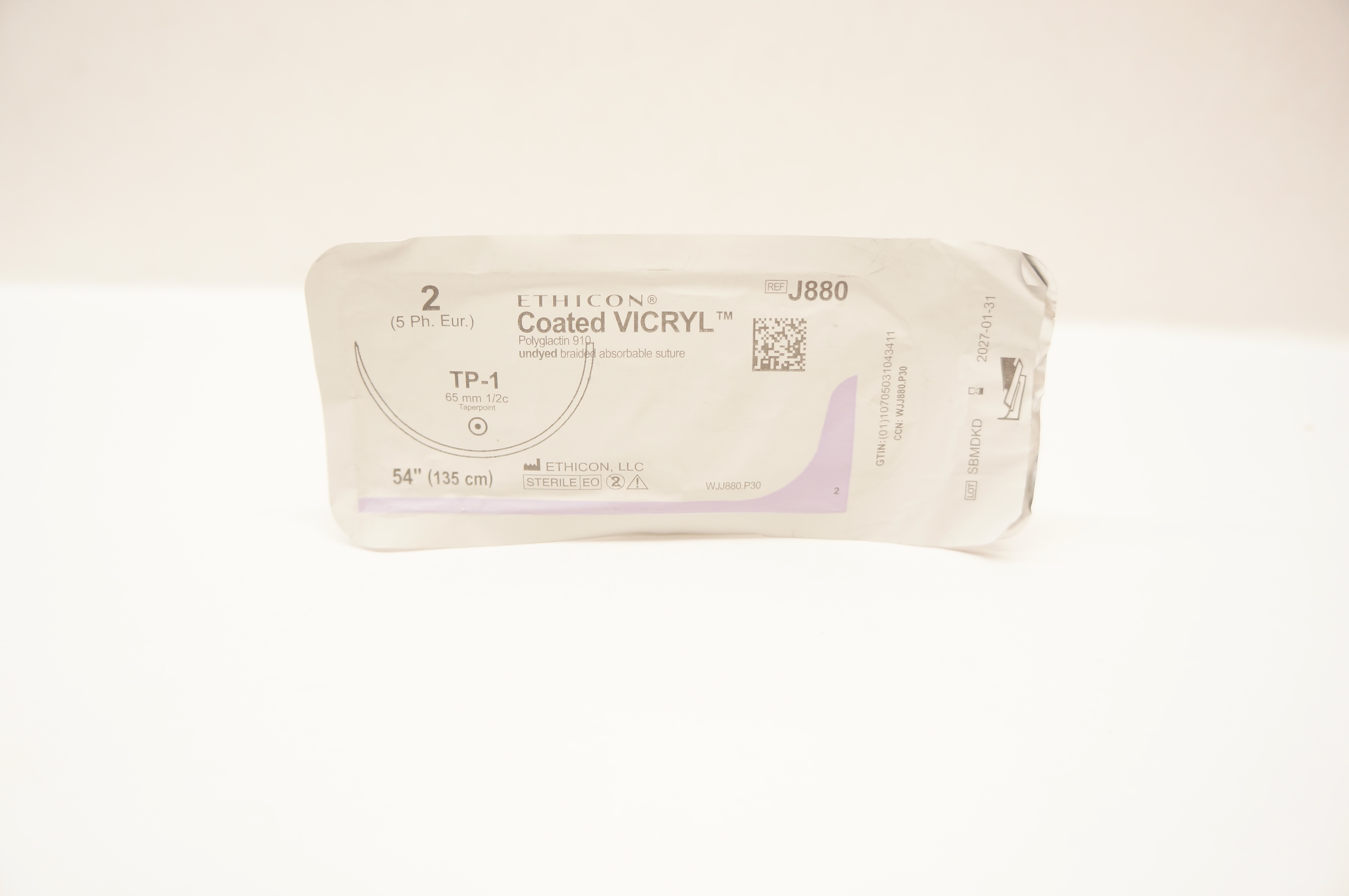 Ethicon J880 Coated Vicryl Undyed Braided Stre TP-1, 65mm 1/2c Taperpoint 54inch