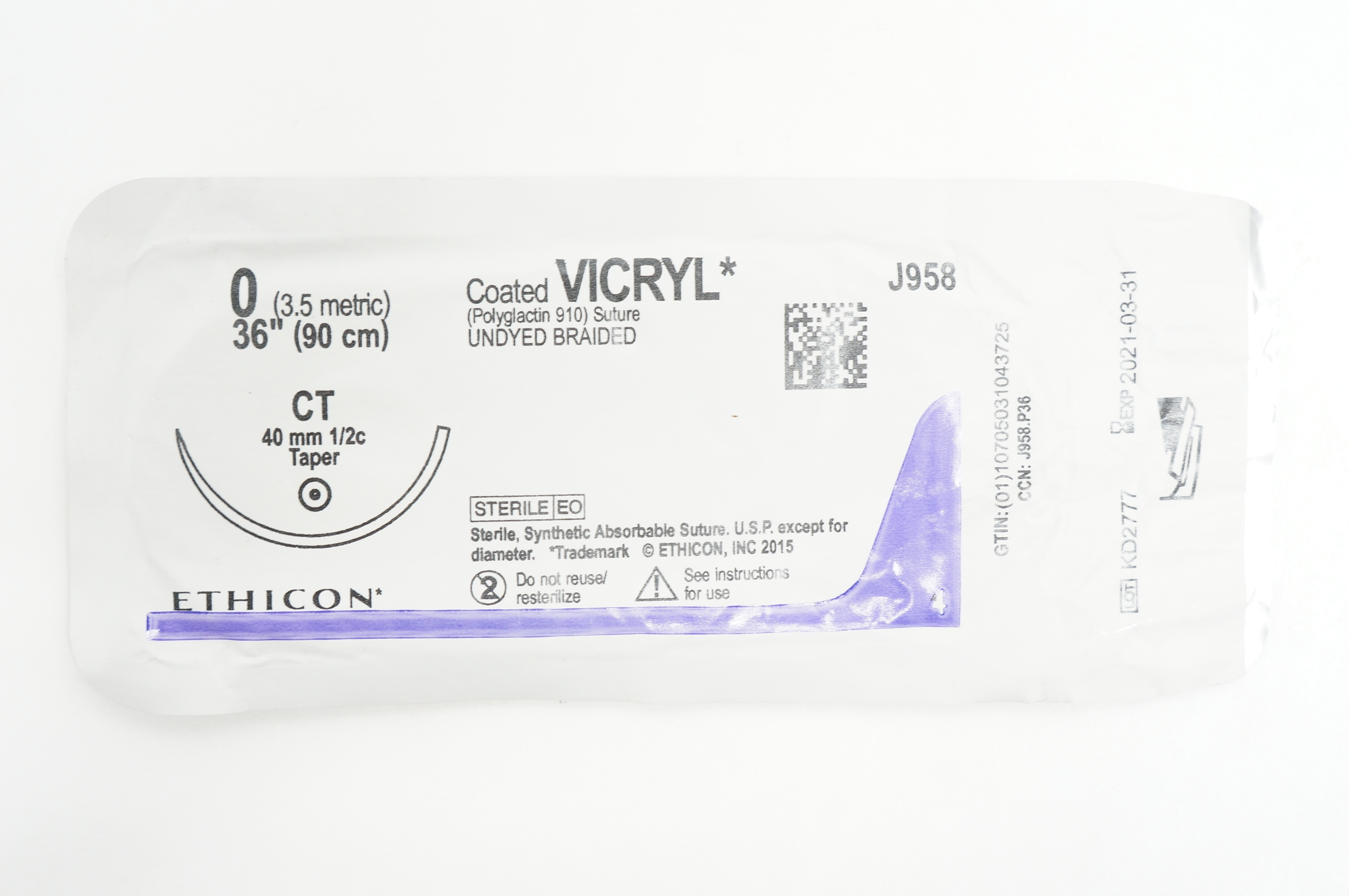 Ethicon J958 0 Vicryl CT 40mm 1/2c Taper 36 inch