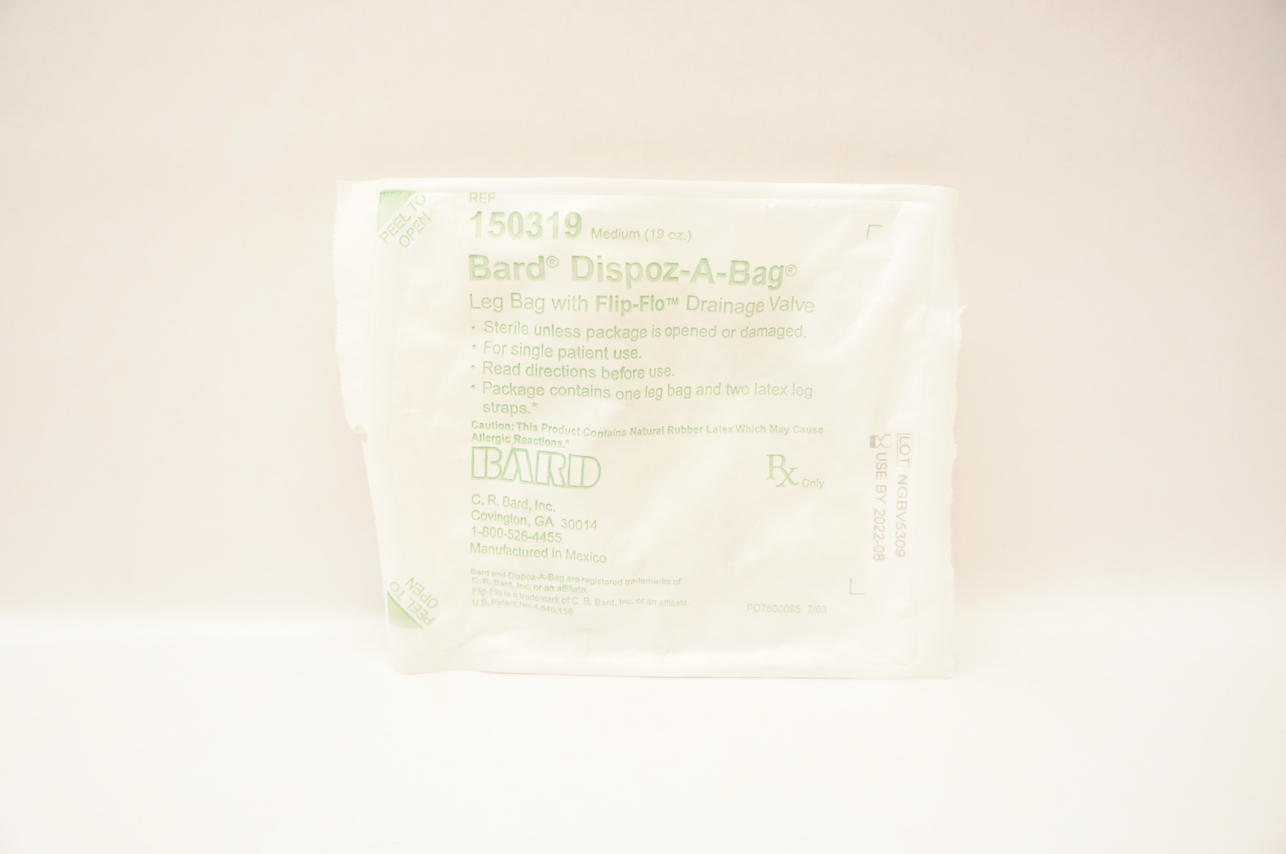 Bard 150319 Dispoz-A-Bag, Leg Bag w/Drainage Valve, Medium 19oz. (x)