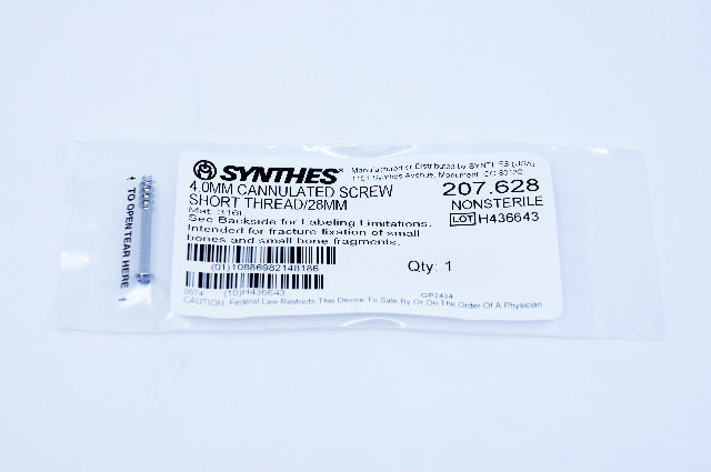 Synthes 207.628 4.0mm Cannulated Screw Short Thread/28mm