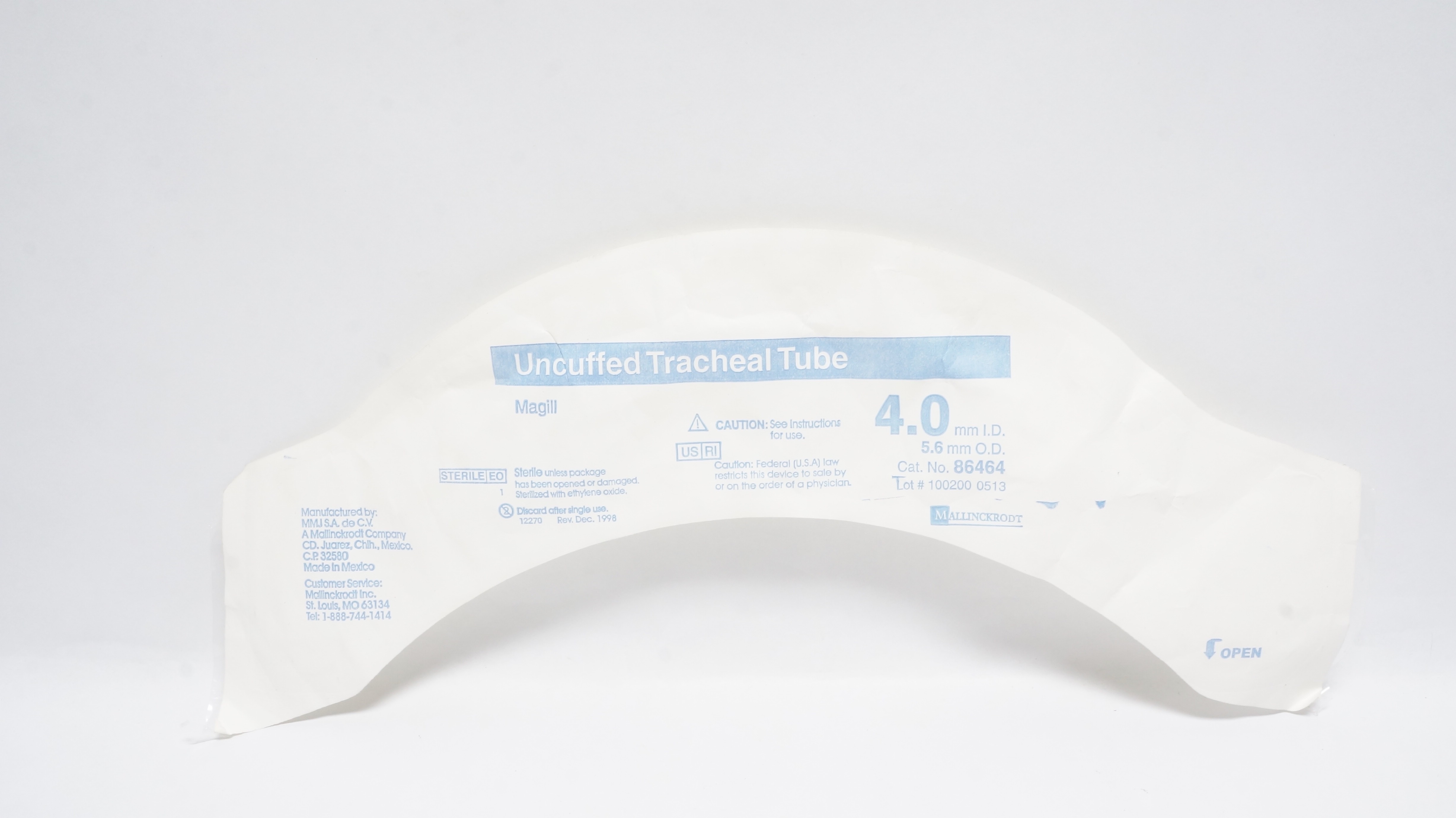 Mallinckrodt 86464 Uncuffed Tracheal Tube 4.0mm I.D. x 5.6mm O.D.