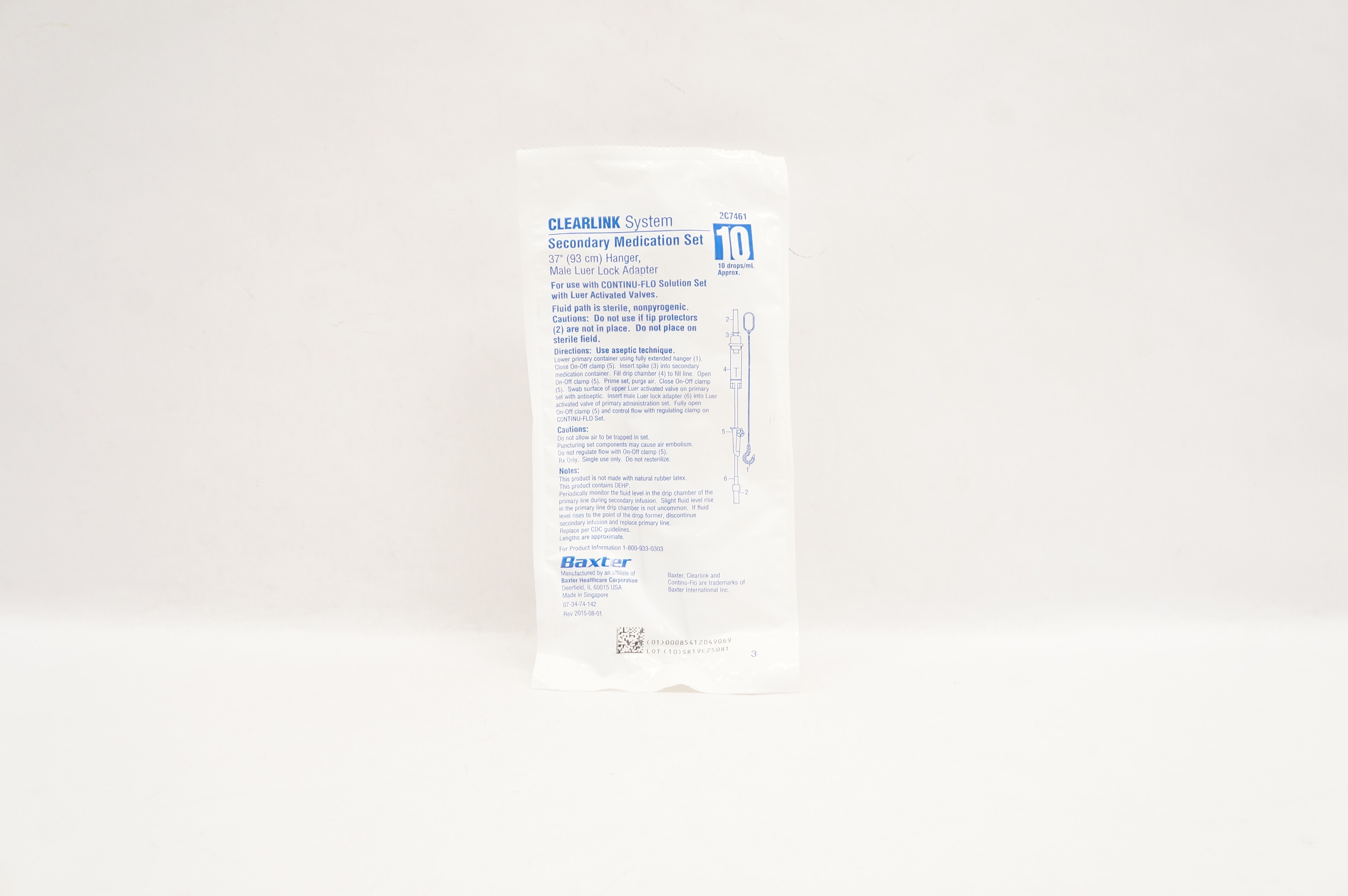 Baxter 2C7461 Clearlink System Secondary Medication Set 37inch Hanger 10drops/ml