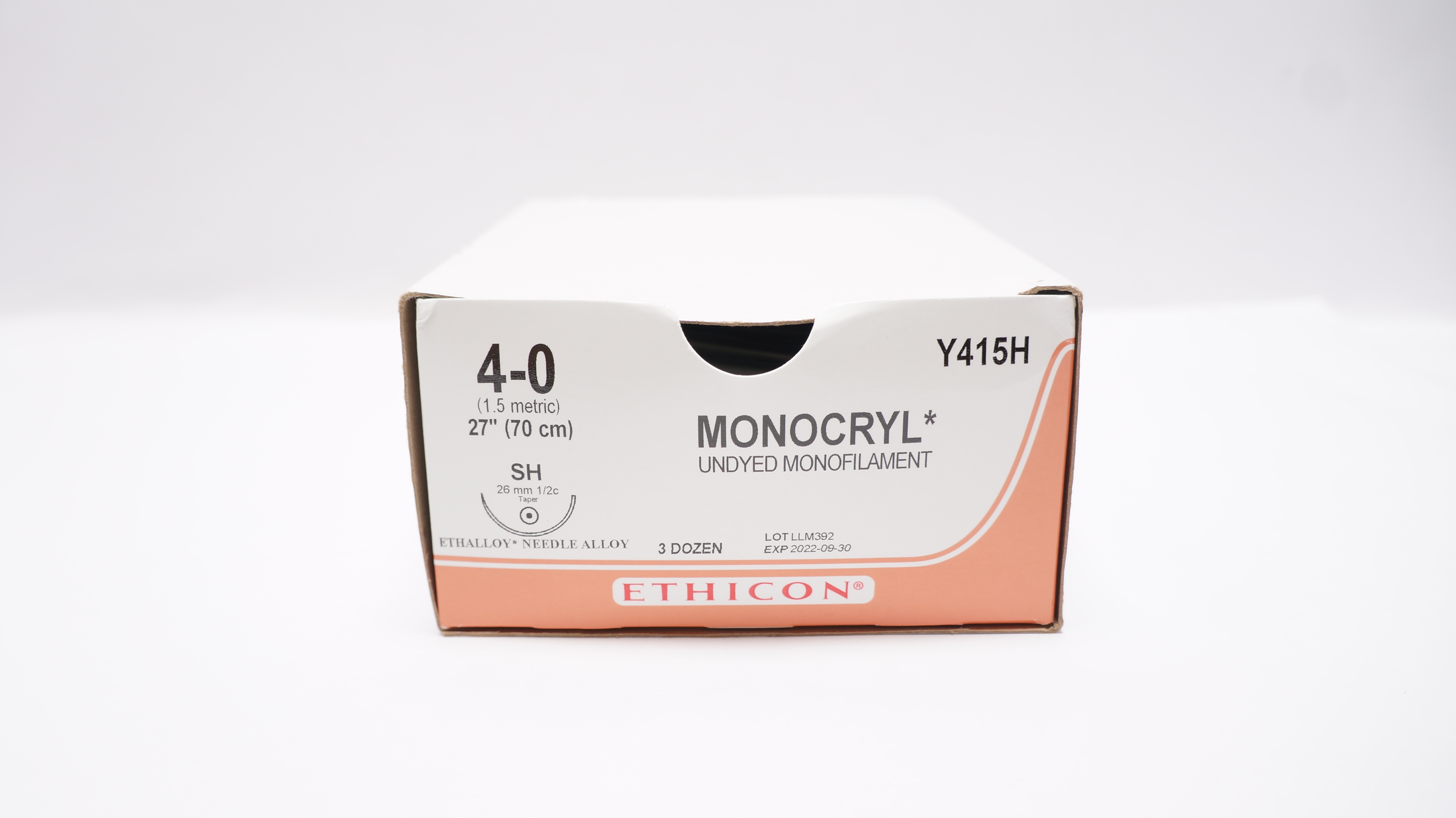 Ethicon Y415H 4-0 MONOCRYL Undyed, SH, 26mm 1/2c Taper, 27inch - Box of 21 (x)