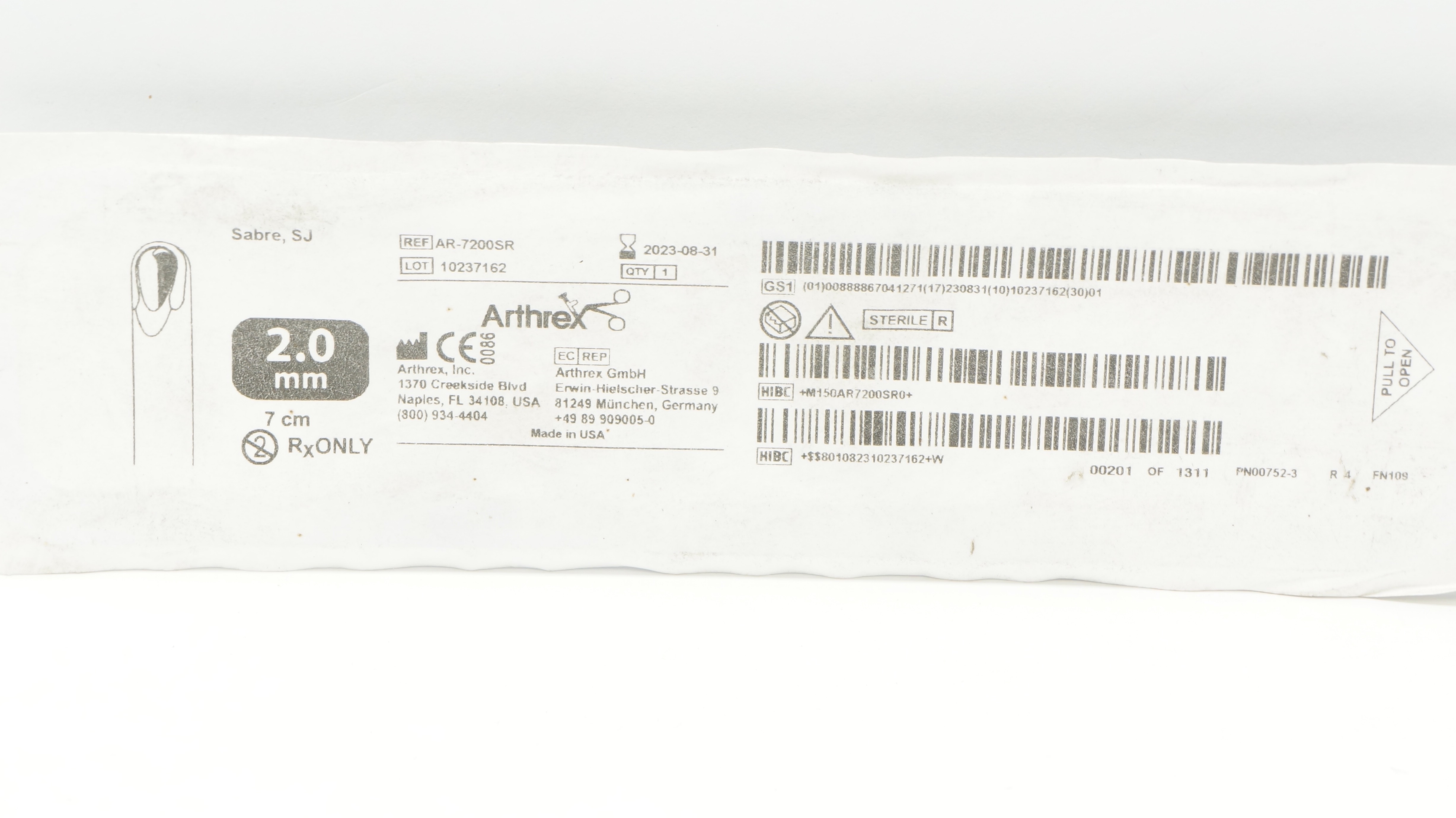 Arthrex AR-7200SR Sabre Arthroscopic Ankle Fusion 2.0mm x 7cm (x)