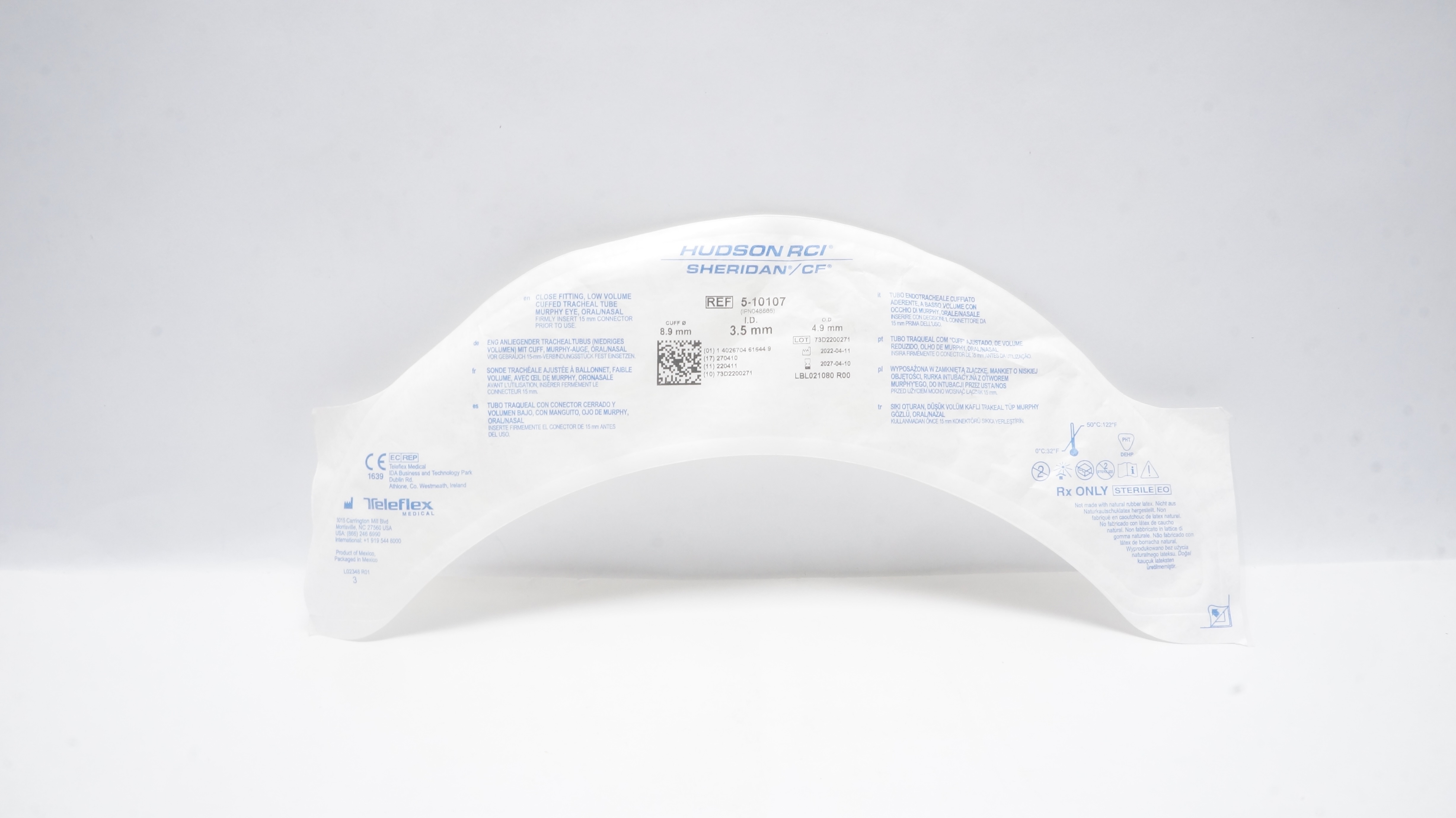 Teleflex 5-10107 Hudson RCI Cuffed Tracheal Tube Murphy EYE 3.5mm ID x 4.9mm OD