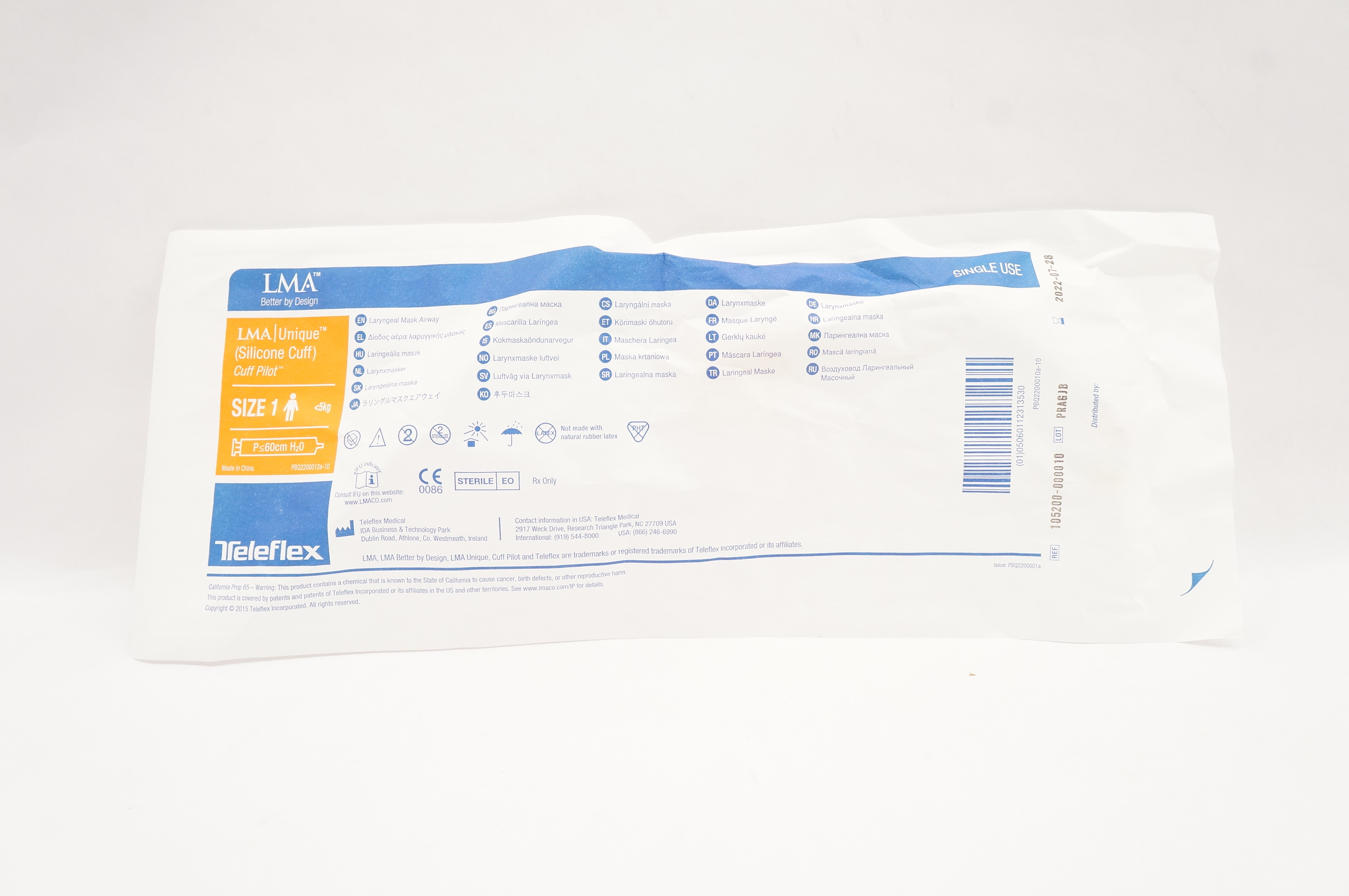 Teleflex 105200-000010 LMA Unique Cuff Pilot Laryngeal Mask Airway, Size 1 (x)