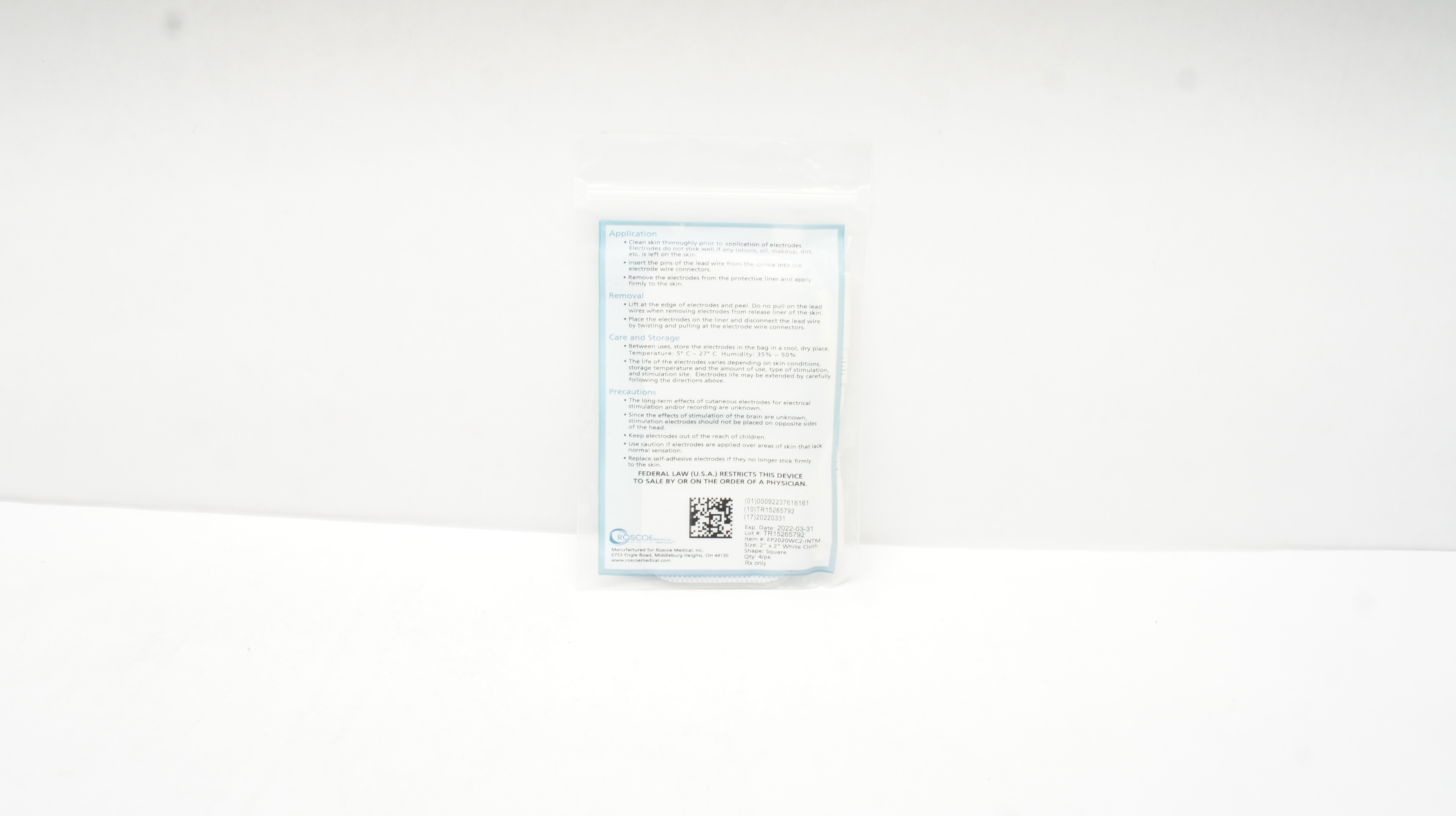 Roscoe EP2020WC2-INTM Tens Electrodes, 2 x 2inch White Cloth (x) - Box of 4