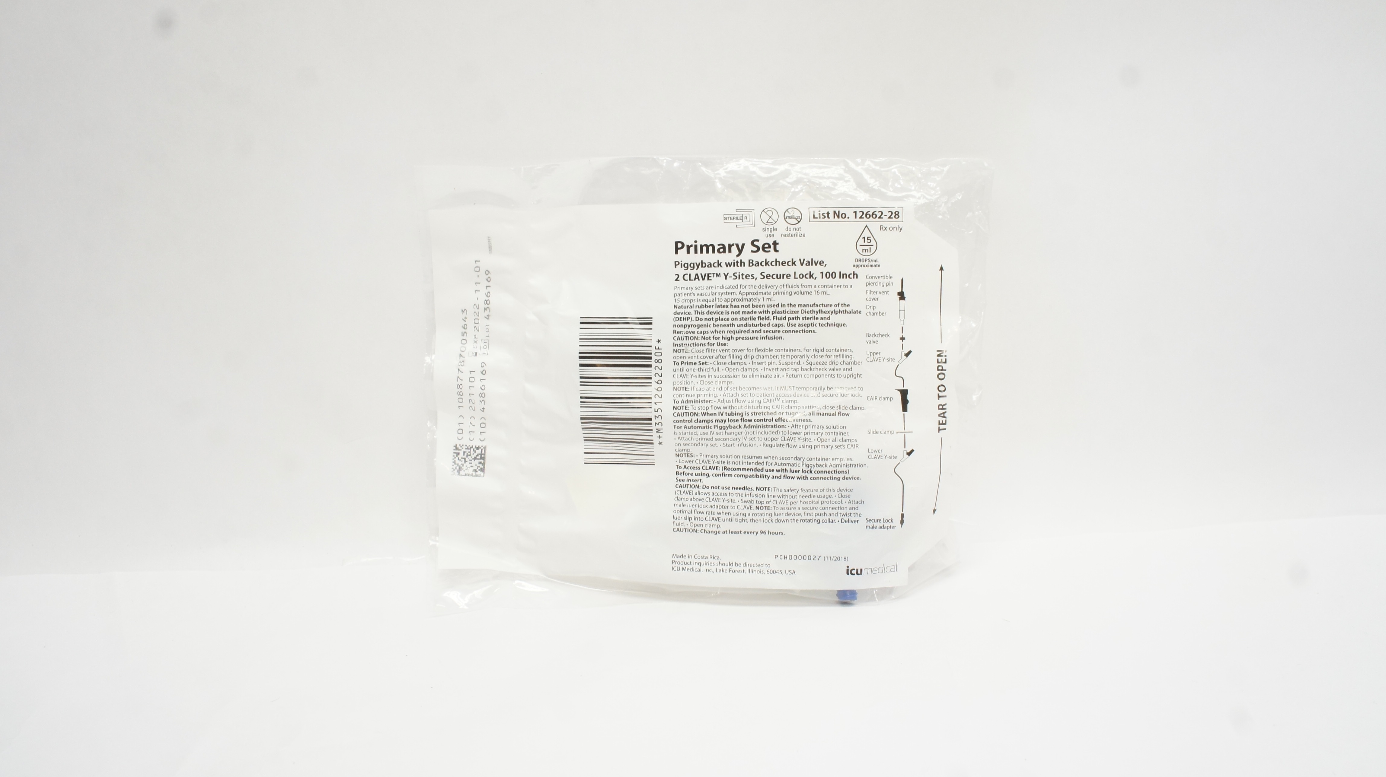 IcuMedical 12662-28 Primary Set Piggyback 2 Clave Y-Sites Secure Lock (x)