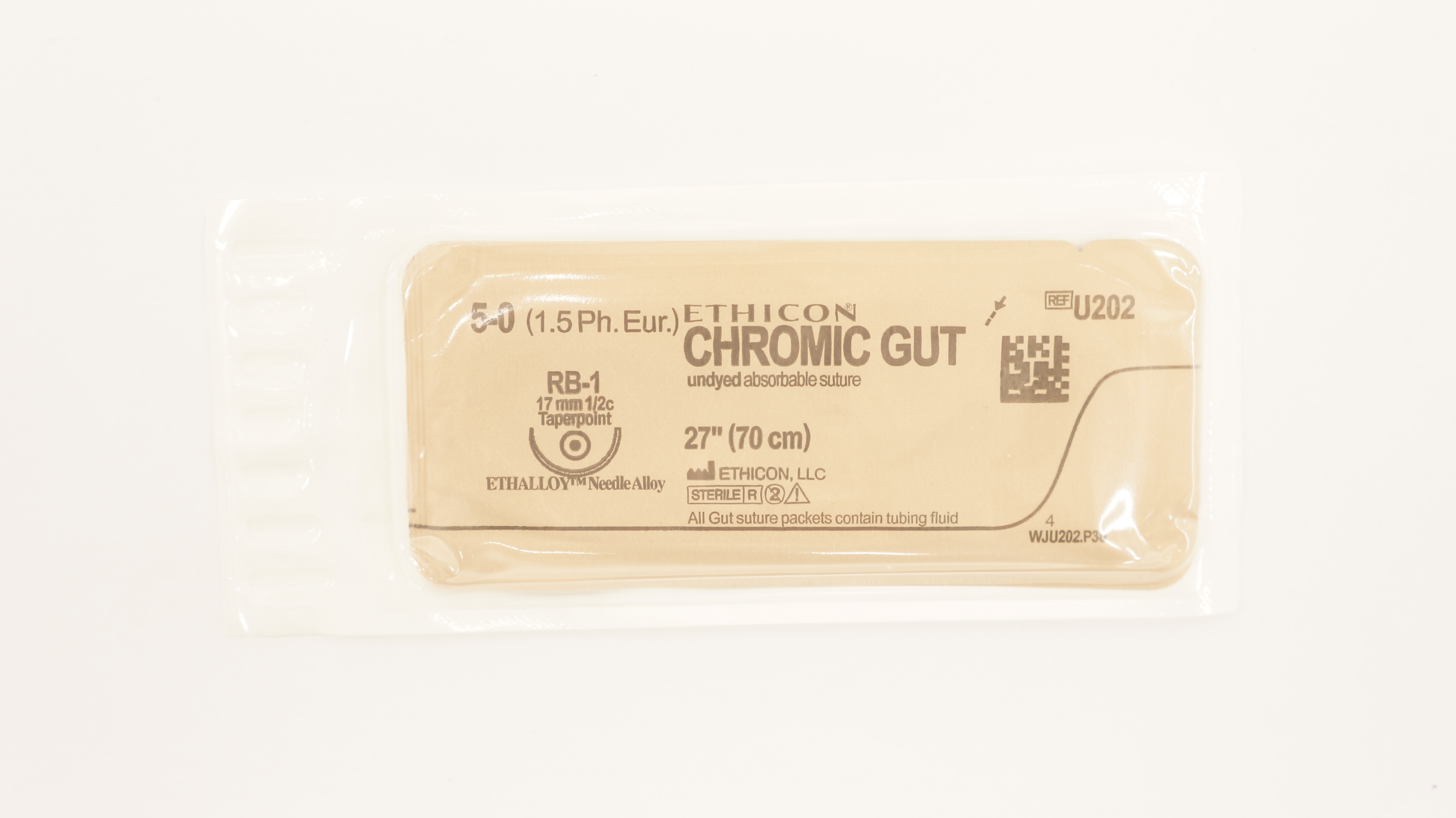 Ethicon U202 5-0 Chromic Gut Undyed Stre RB-1 17mm 1/2c Taperpoint, 27inch